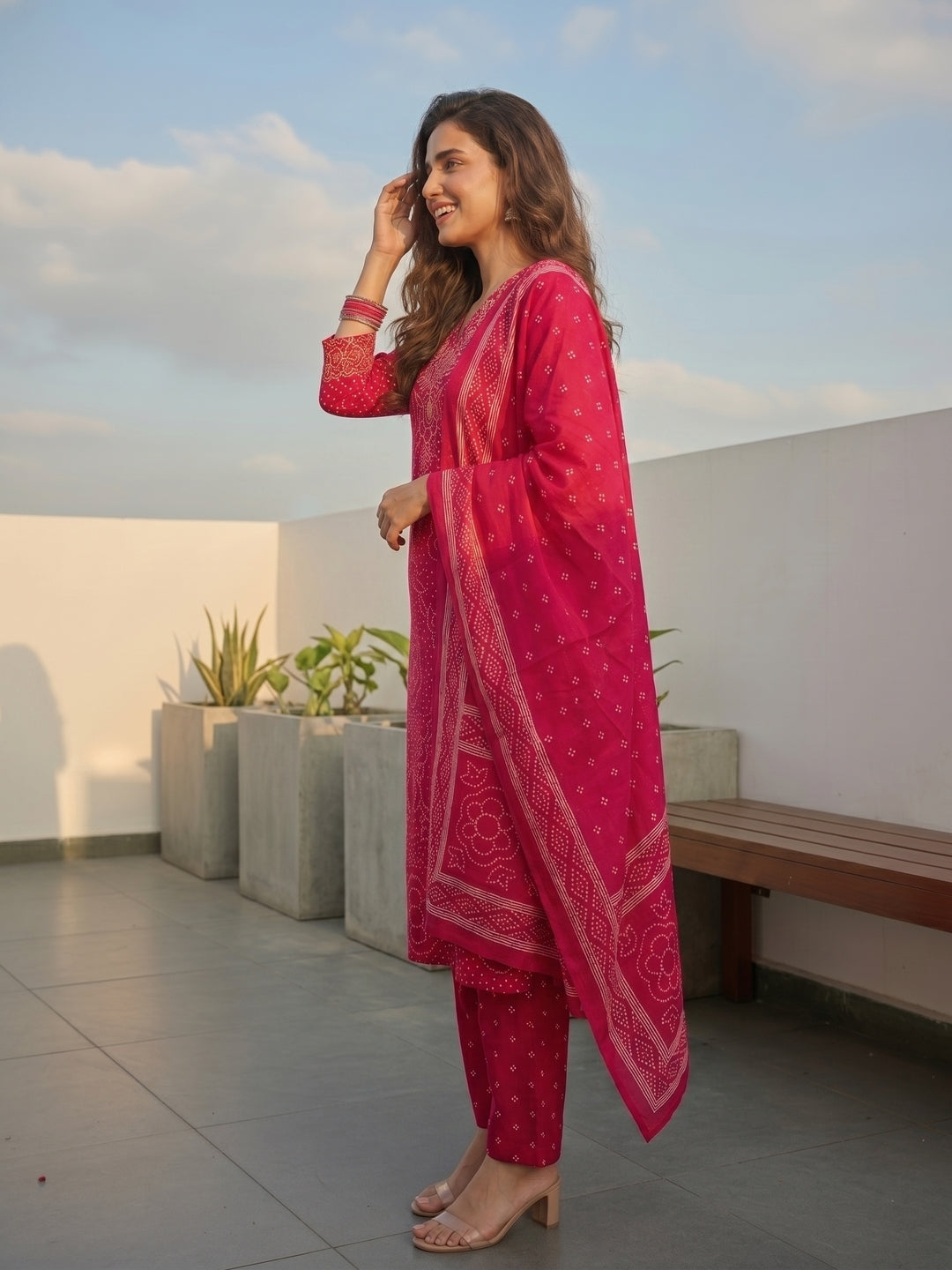 Ethnic Printed & Embellished Neckline Straight Kurta with Pant & Dupatta - Rani Pink