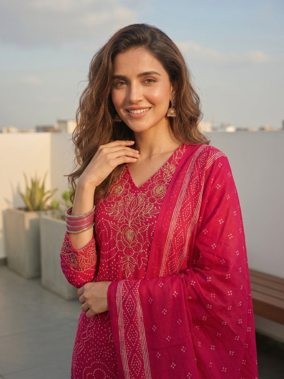 Ethnic Printed & Embellished Neckline Straight Kurta with Pant & Dupatta - Rani Pink