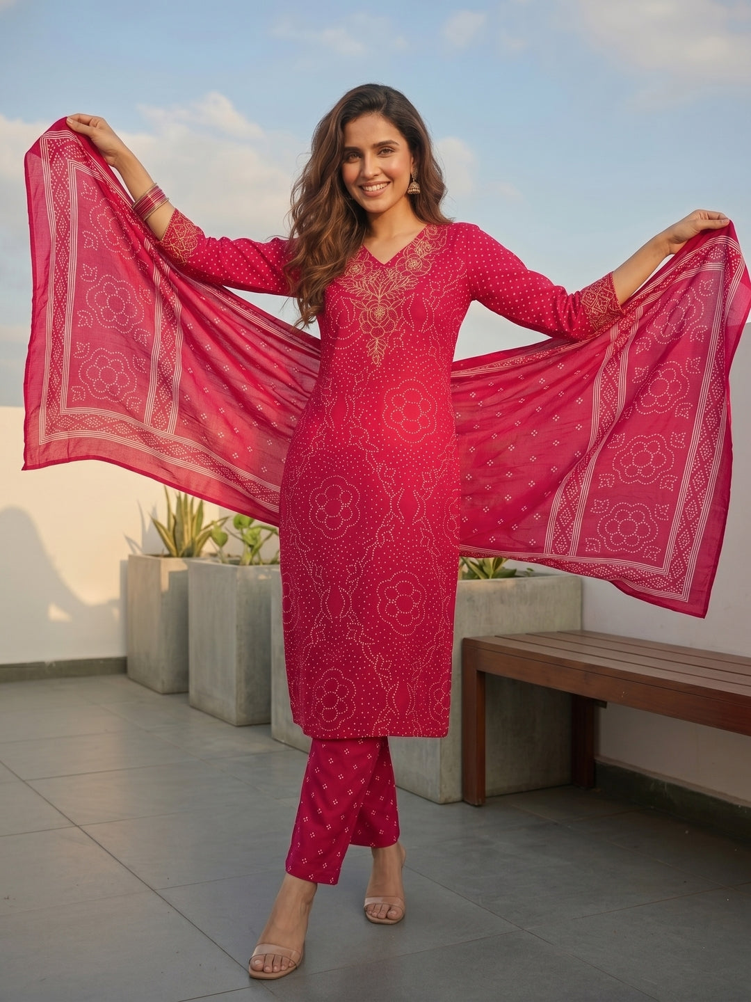 Ethnic Printed & Embellished Neckline Straight Kurta with Pant & Dupatta - Rani Pink