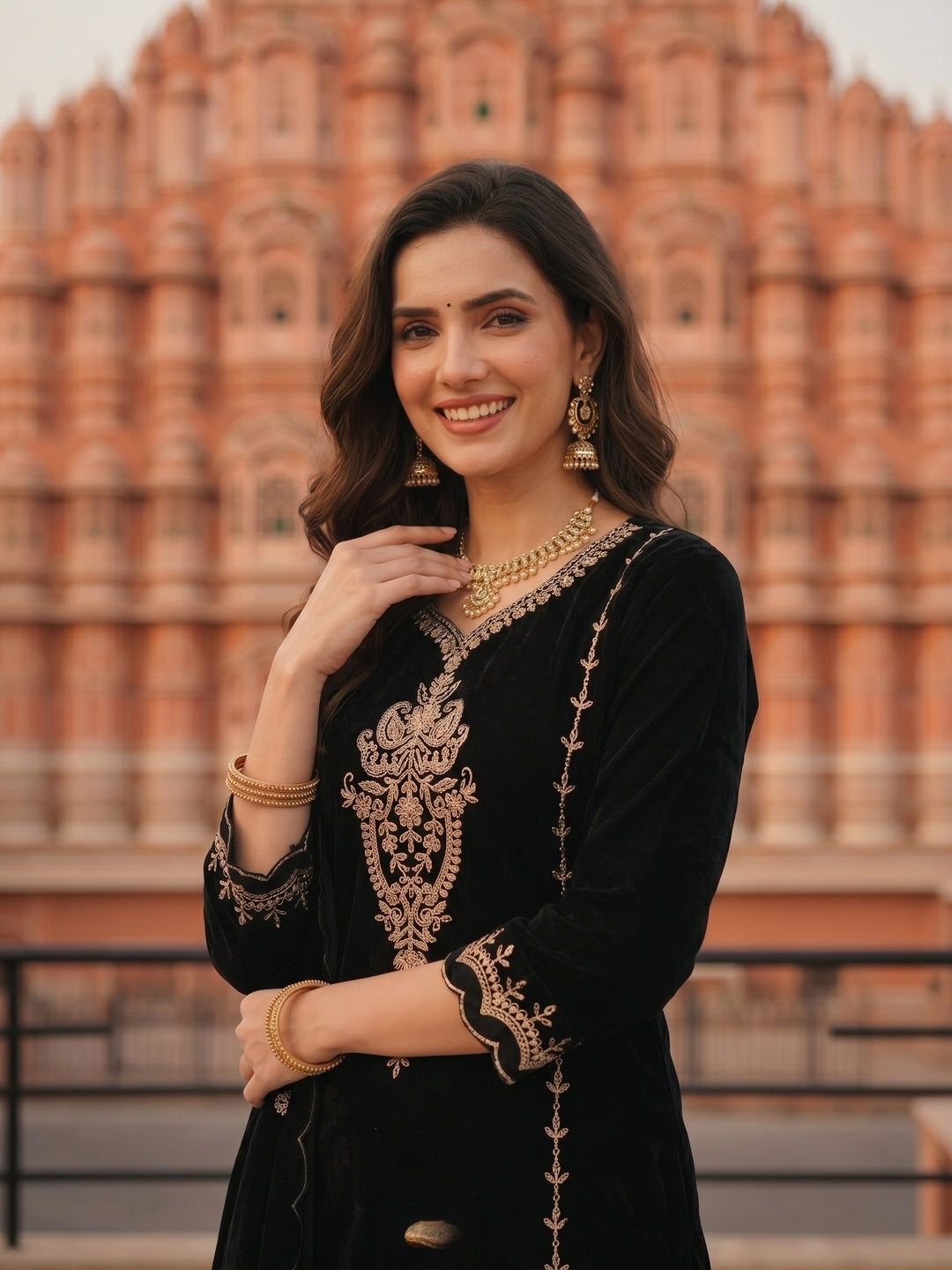 Solid Zari Work A-Line Velvet Kurta & Palazzo & Dupatta - Black