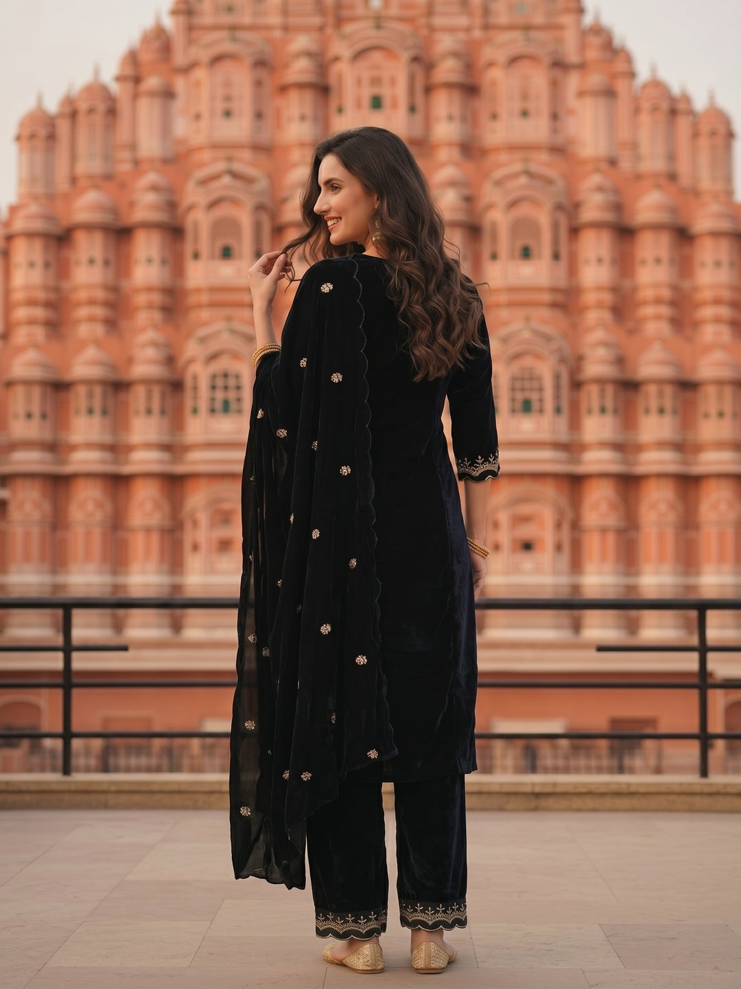 Solid Zari Work A-Line Velvet Kurta & Palazzo & Dupatta - Black