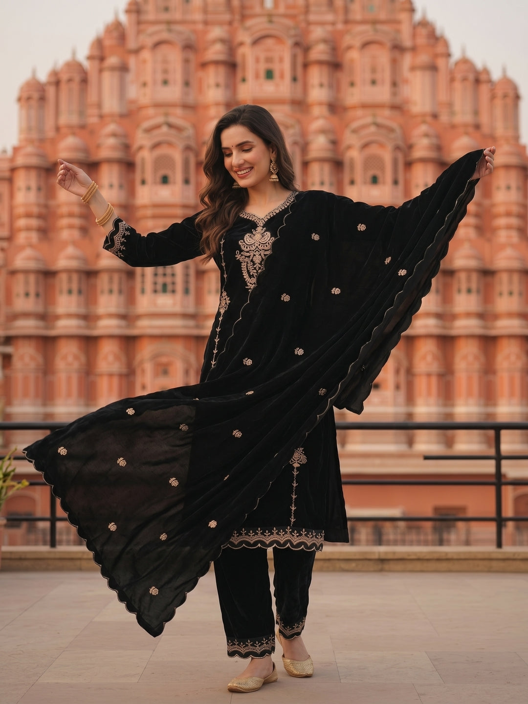 Solid Zari Work A-Line Velvet Kurta & Palazzo & Dupatta - Black