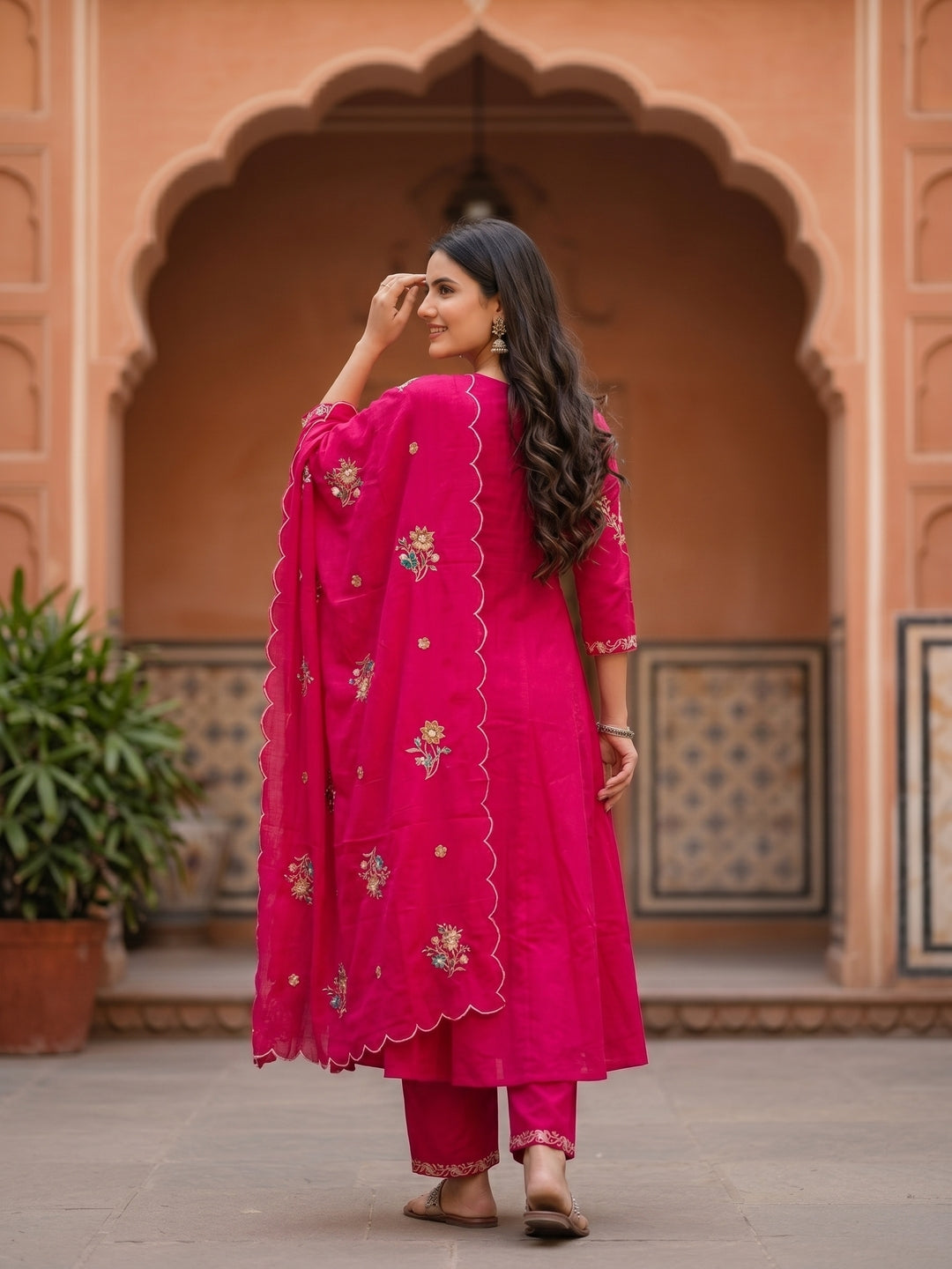 Rani Solid Floral Embroidered Anarkali with Palazzo & Scalloped Dupatta