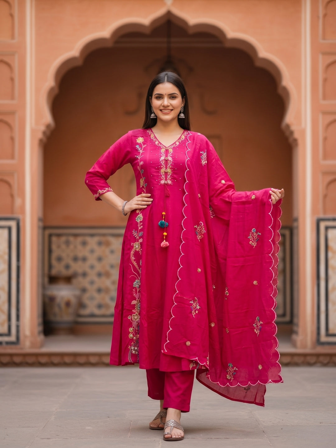 Rani Solid Floral Embroidered Anarkali with Palazzo & Scalloped Dupatta