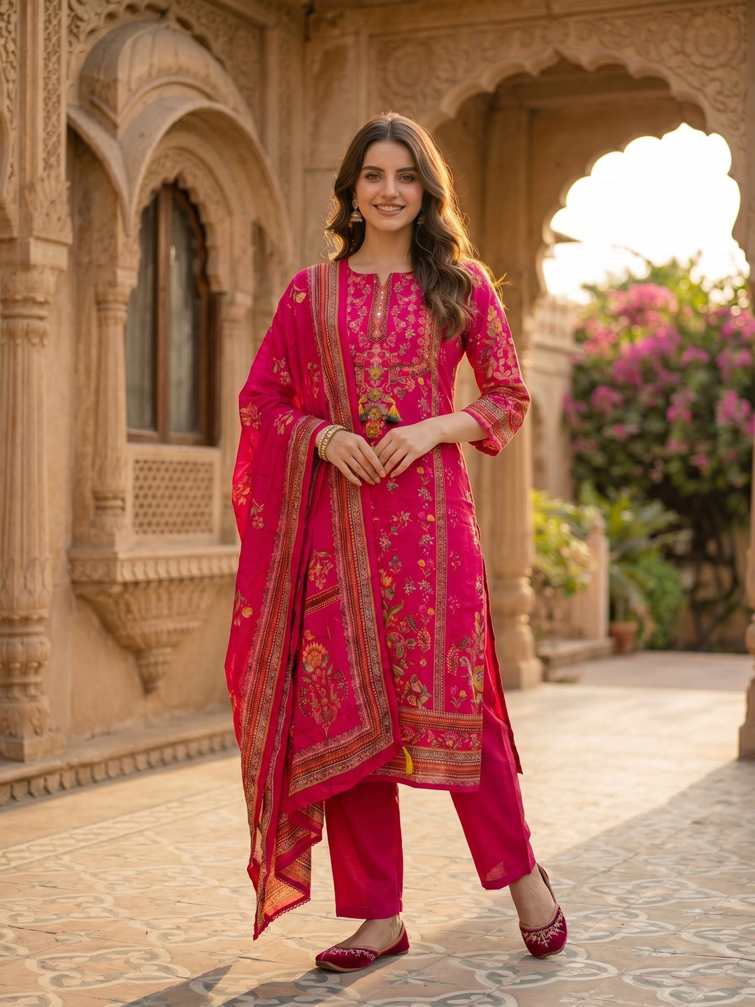 Ethnic Printed & Embroidered Straight Kurta with Pant & Dupatta - Rani