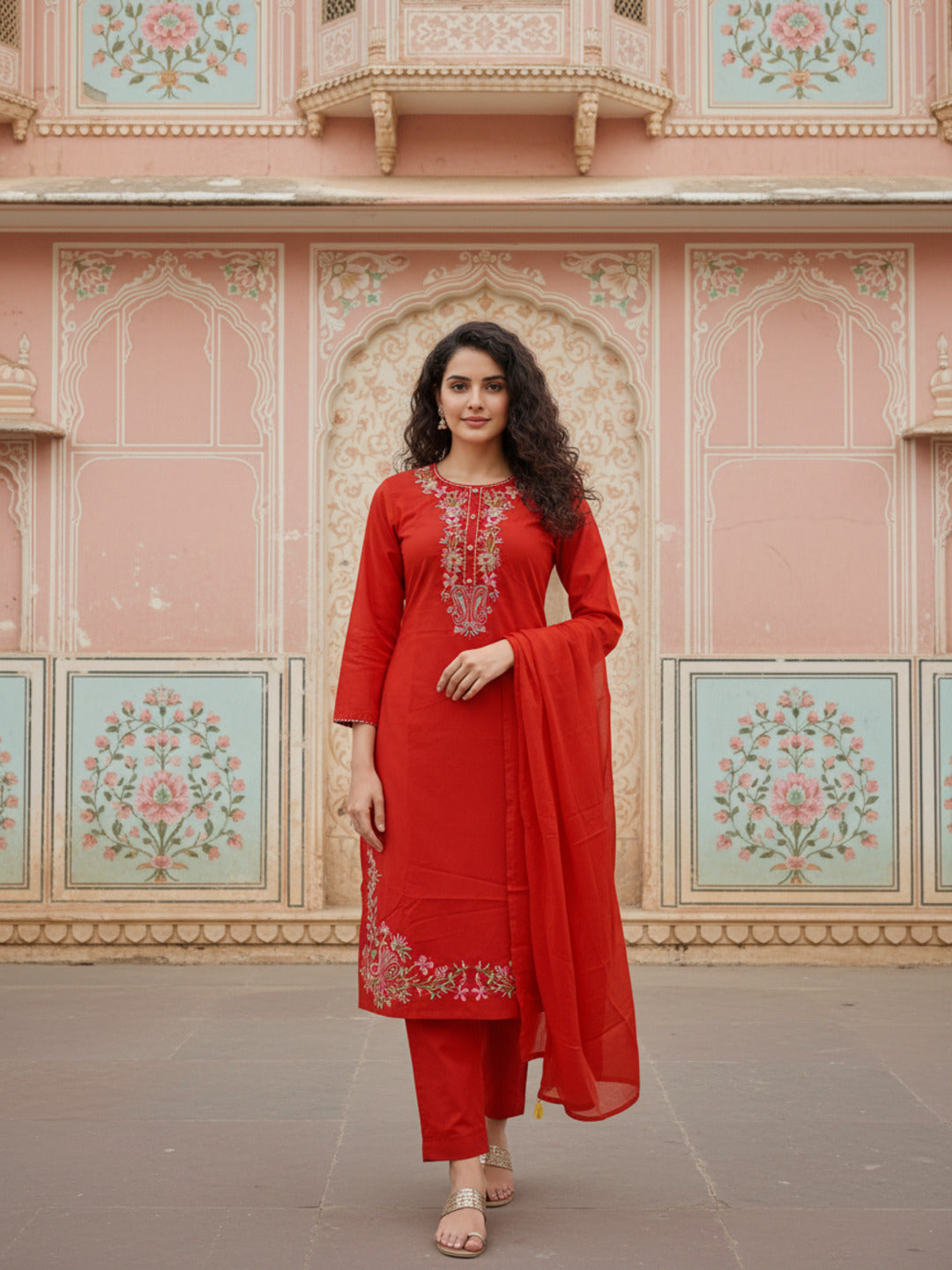Solid Embroidered Straight Kurta with Pant & Dupatta - Rust