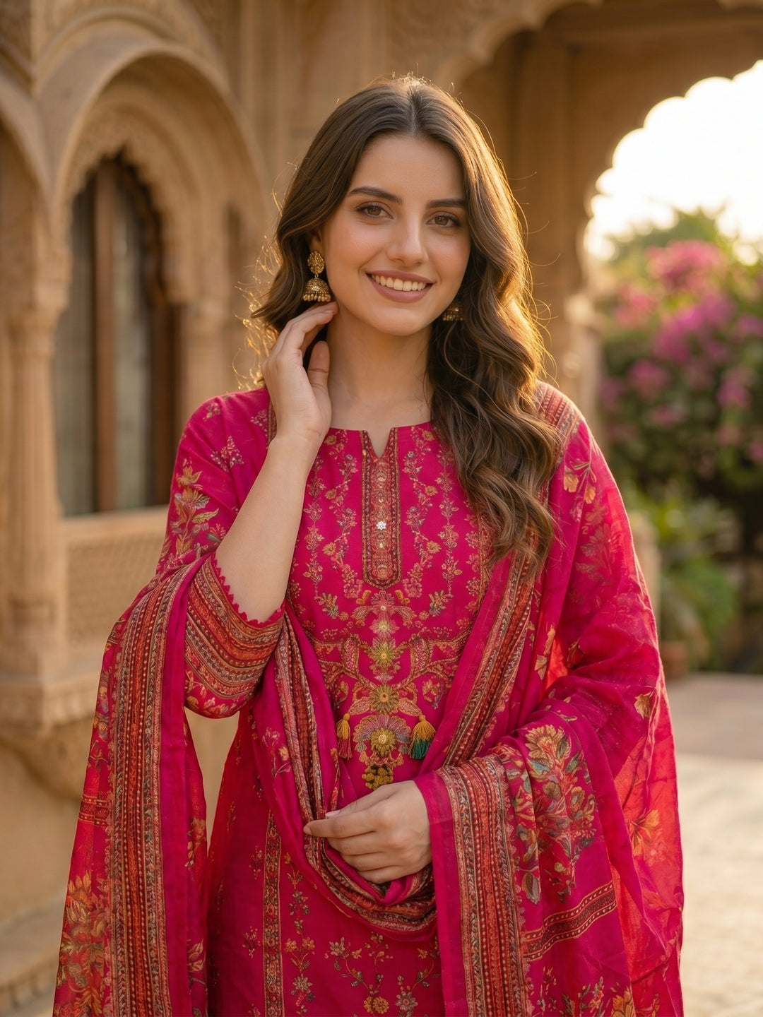 Ethnic Printed & Embroidered Straight Kurta with Pant & Dupatta - Rani