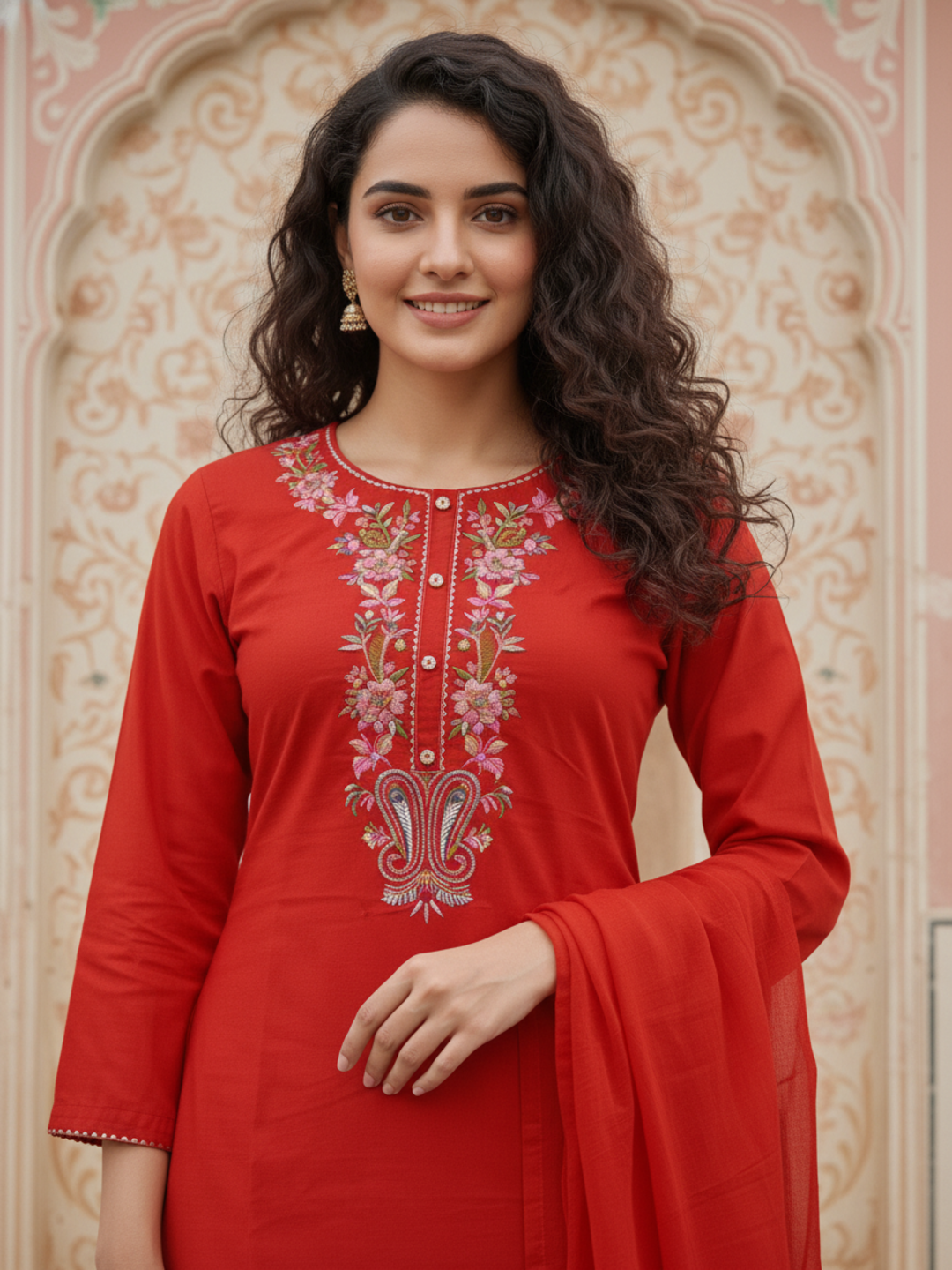 Solid Embroidered Straight Kurta with Pant & Dupatta - Rust