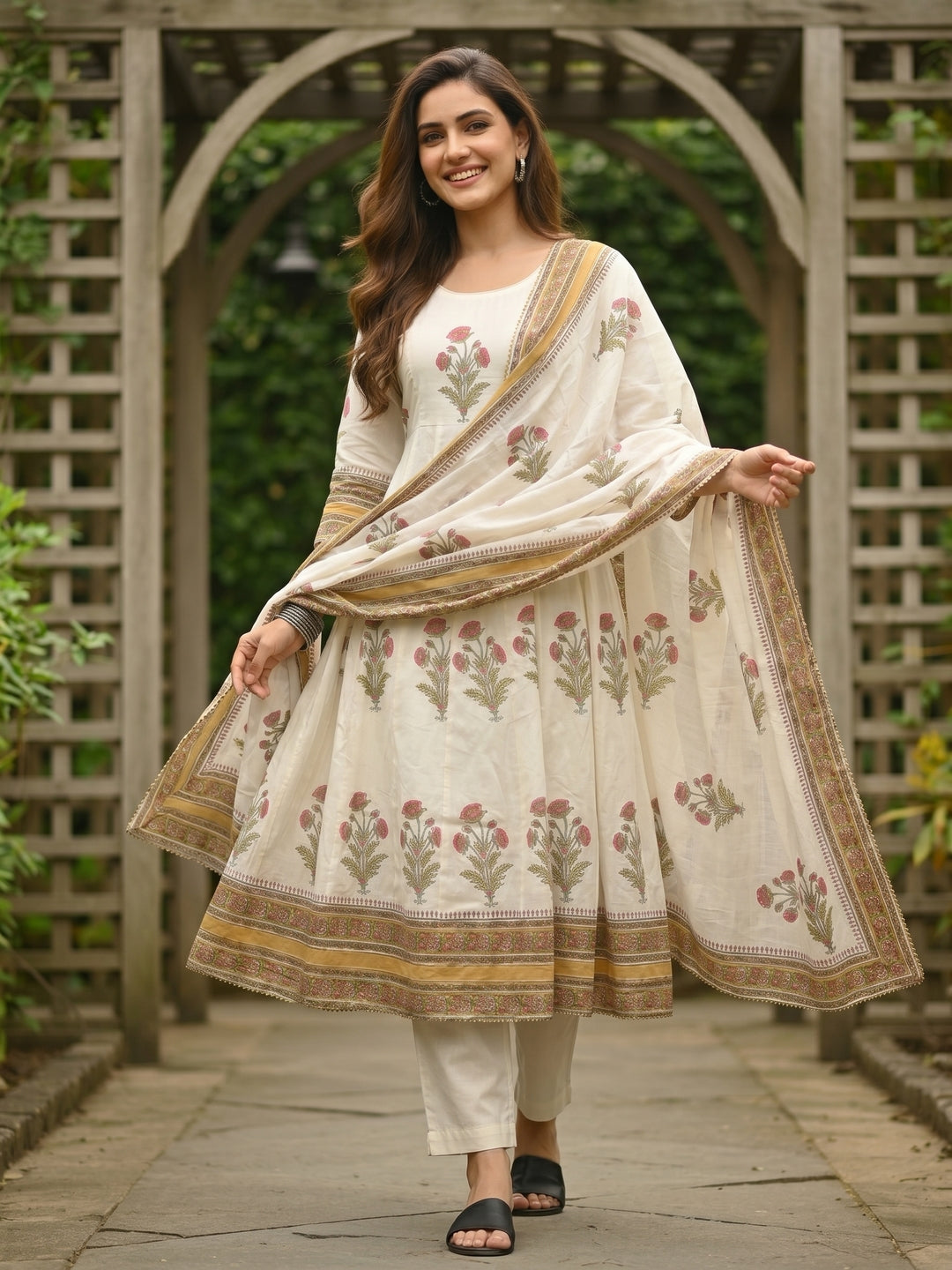 Floral Block Printed Anarkali Kurta with Pant & Dupatta - Cream