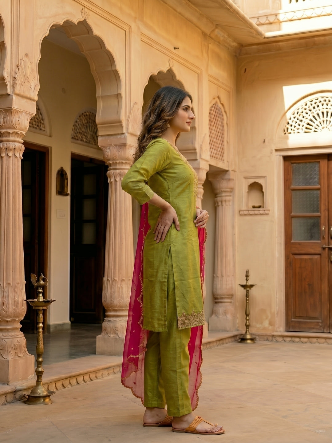 Solid Embroidered Straight Kurta with Palazzo & Organza Dupatta - Green