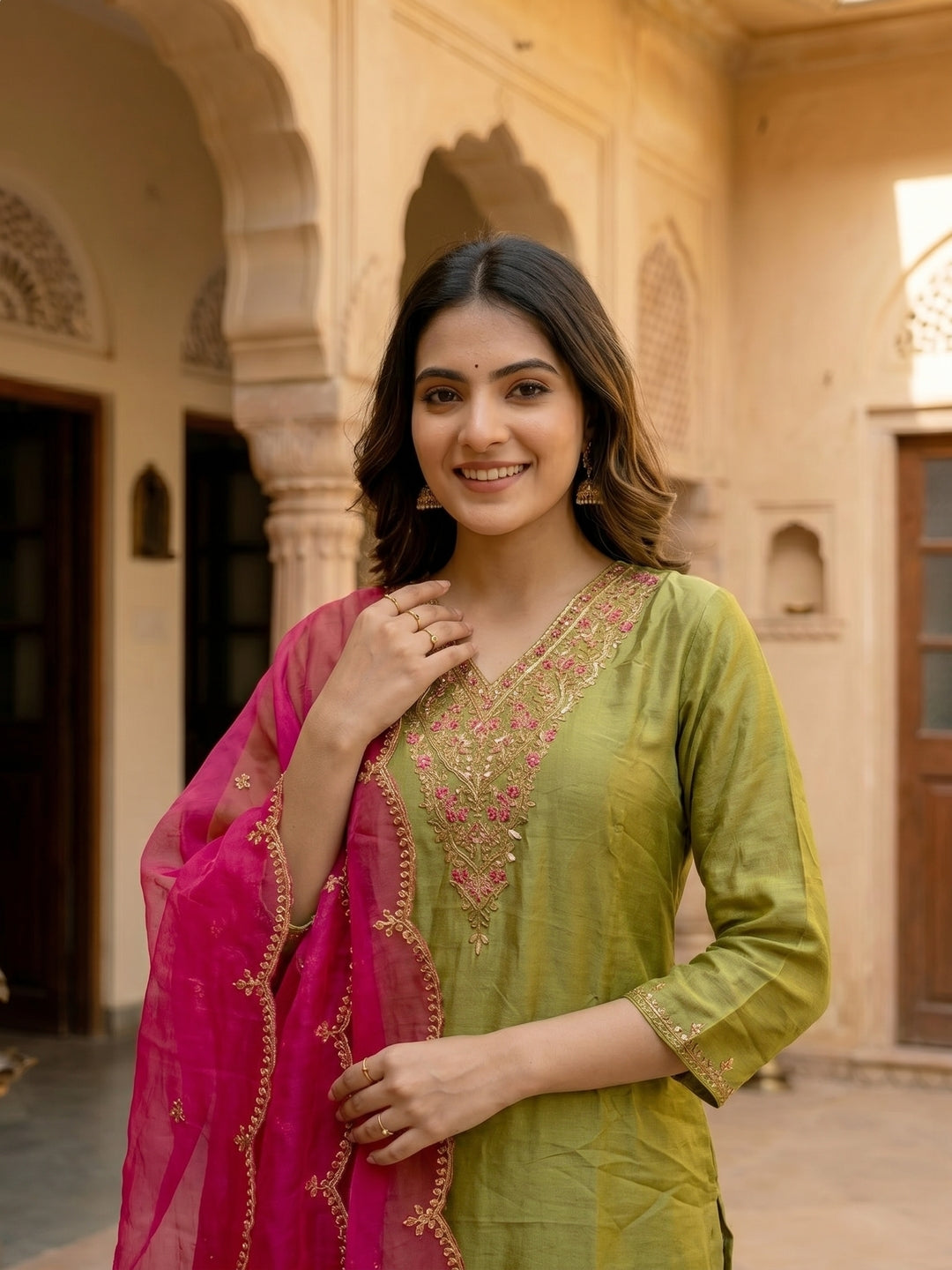 Solid Embroidered Straight Kurta with Palazzo & Organza Dupatta - Green
