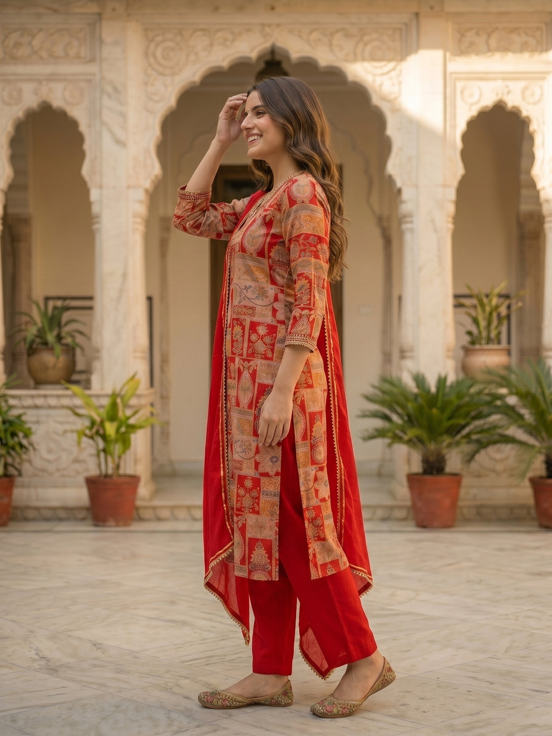 Ethnic Floral Printed & Mirror Work Straight Kurta with Pant & Dupatta - Red