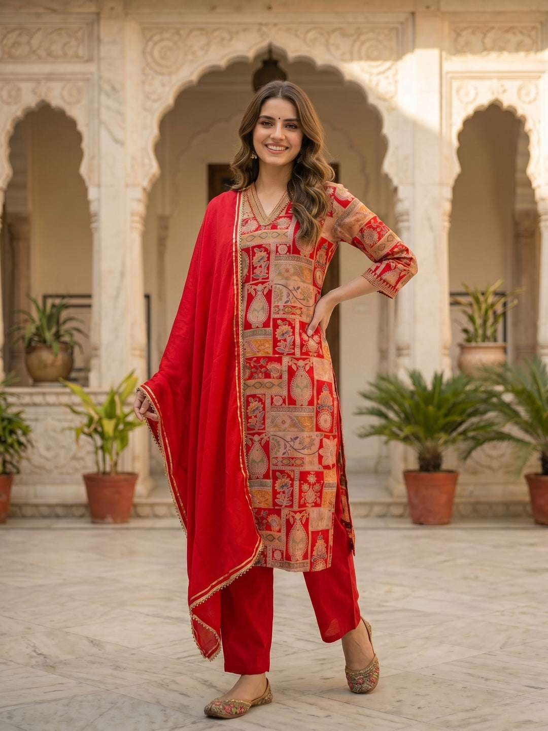 Ethnic Floral Printed & Mirror Work Straight Kurta with Pant & Dupatta - Red