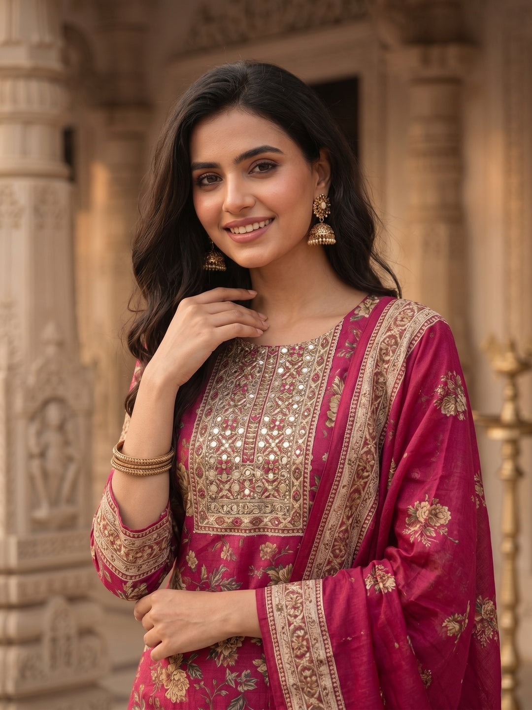 Floral Printed & Embroidered Straight Kurta with Sharara & Dupatta - Pink