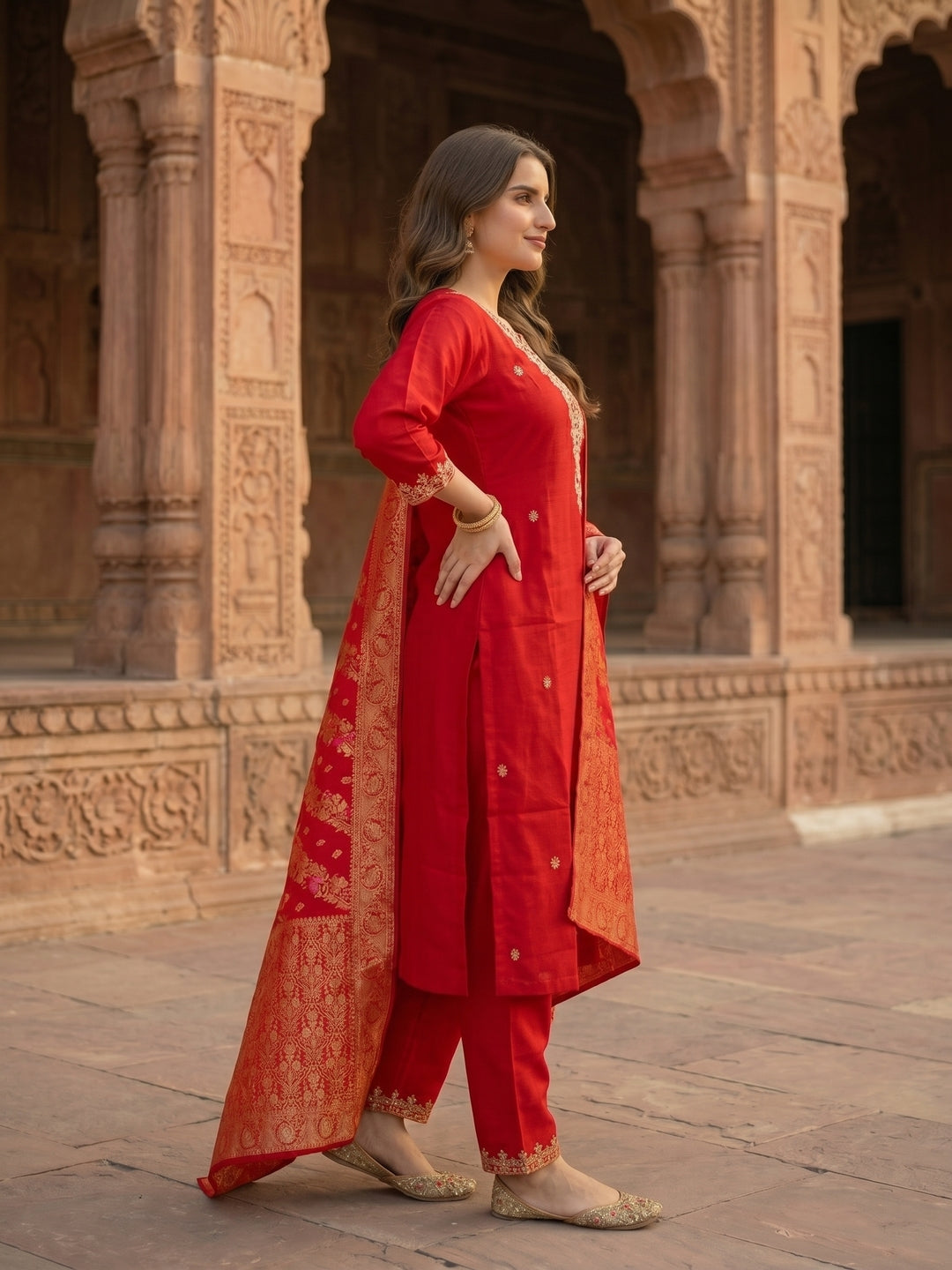 Solid Embroidered Straight Kurta with Pant & Dupatta - Red