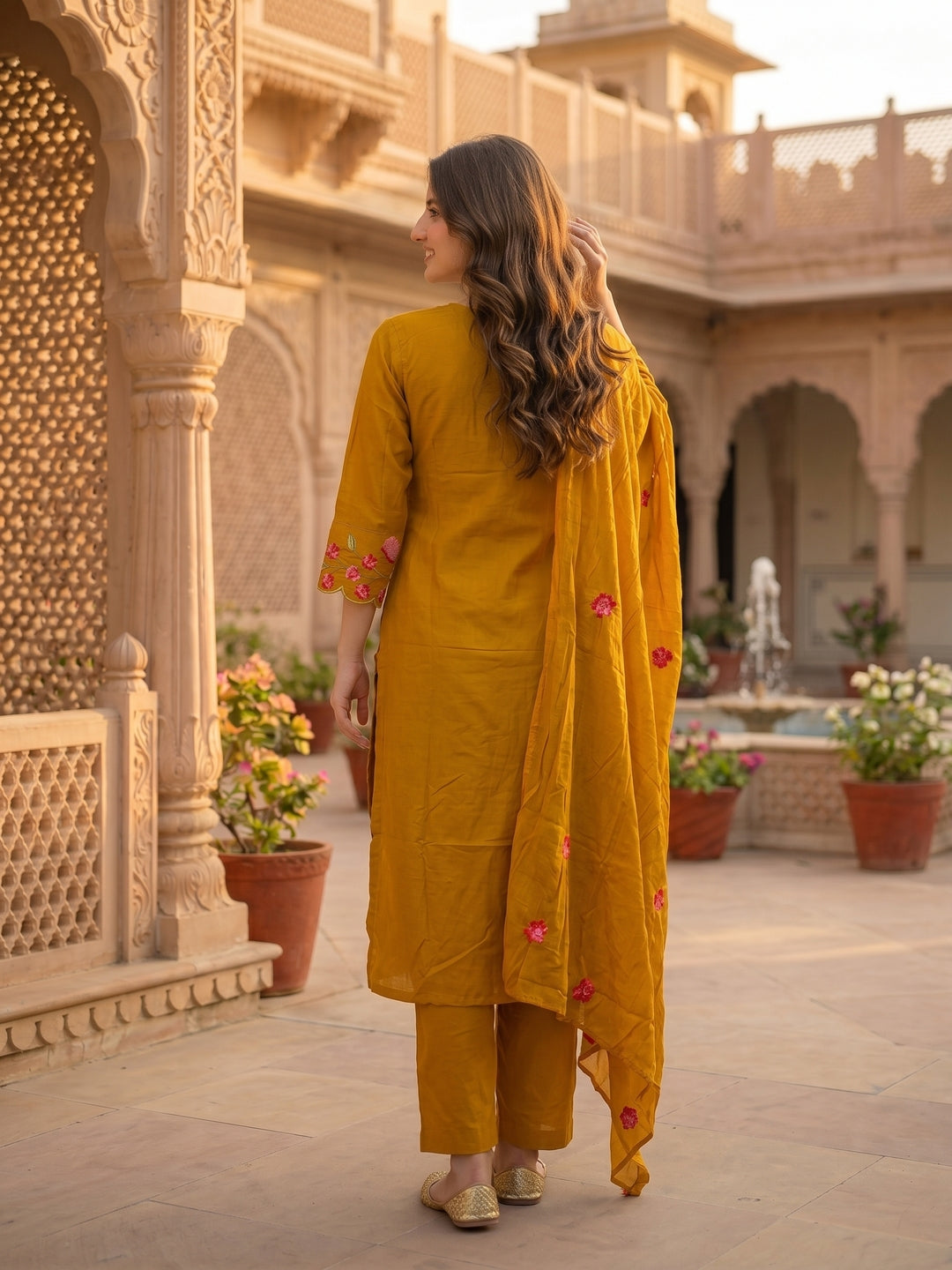Solid Floral Embroidered A-Line Kurta with Pant & Dupatta - Mustard