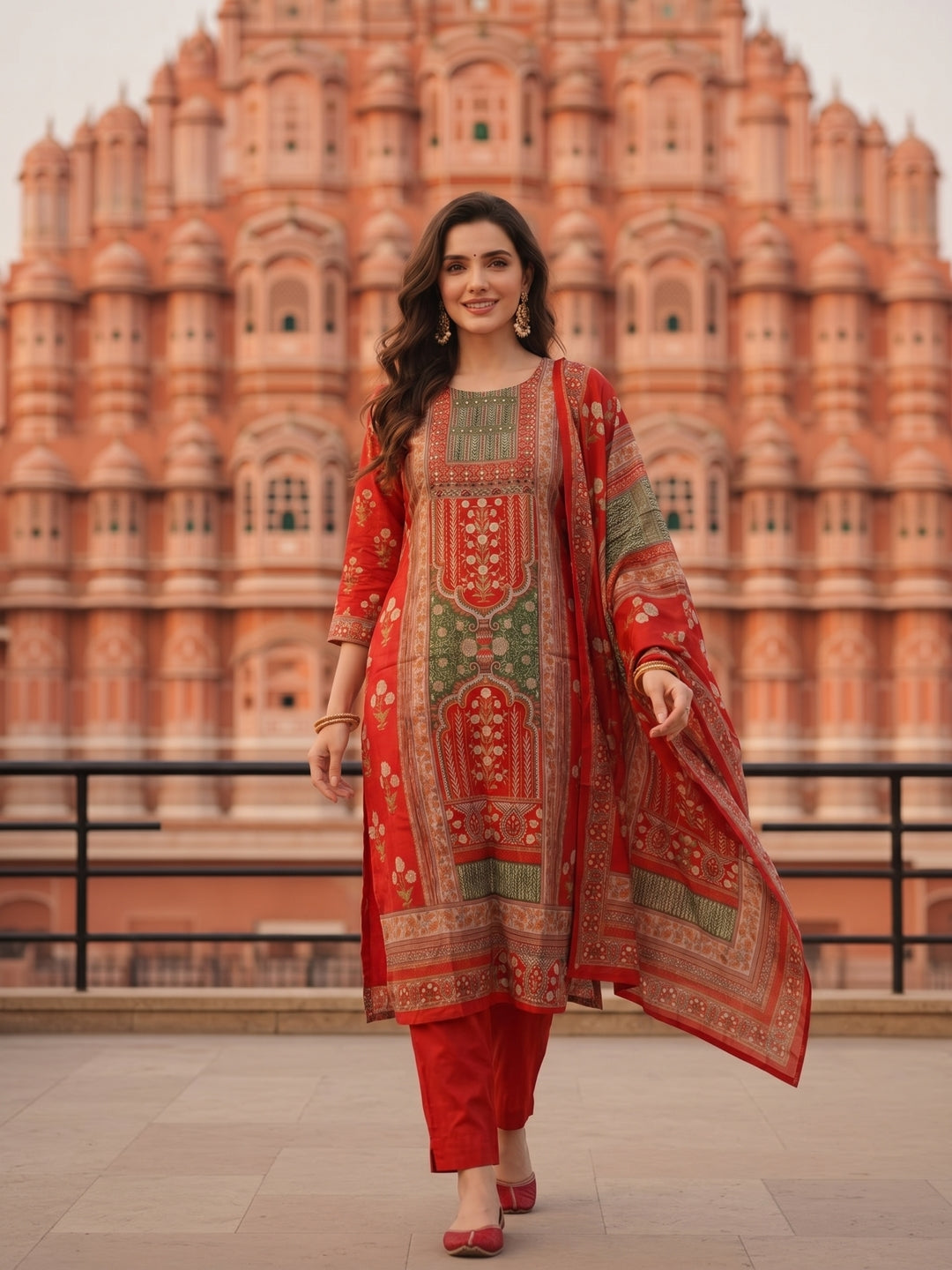 Ethnic Floral Printed Embroidered Straight Fit Kurta with Pant & Dupatta - Rust