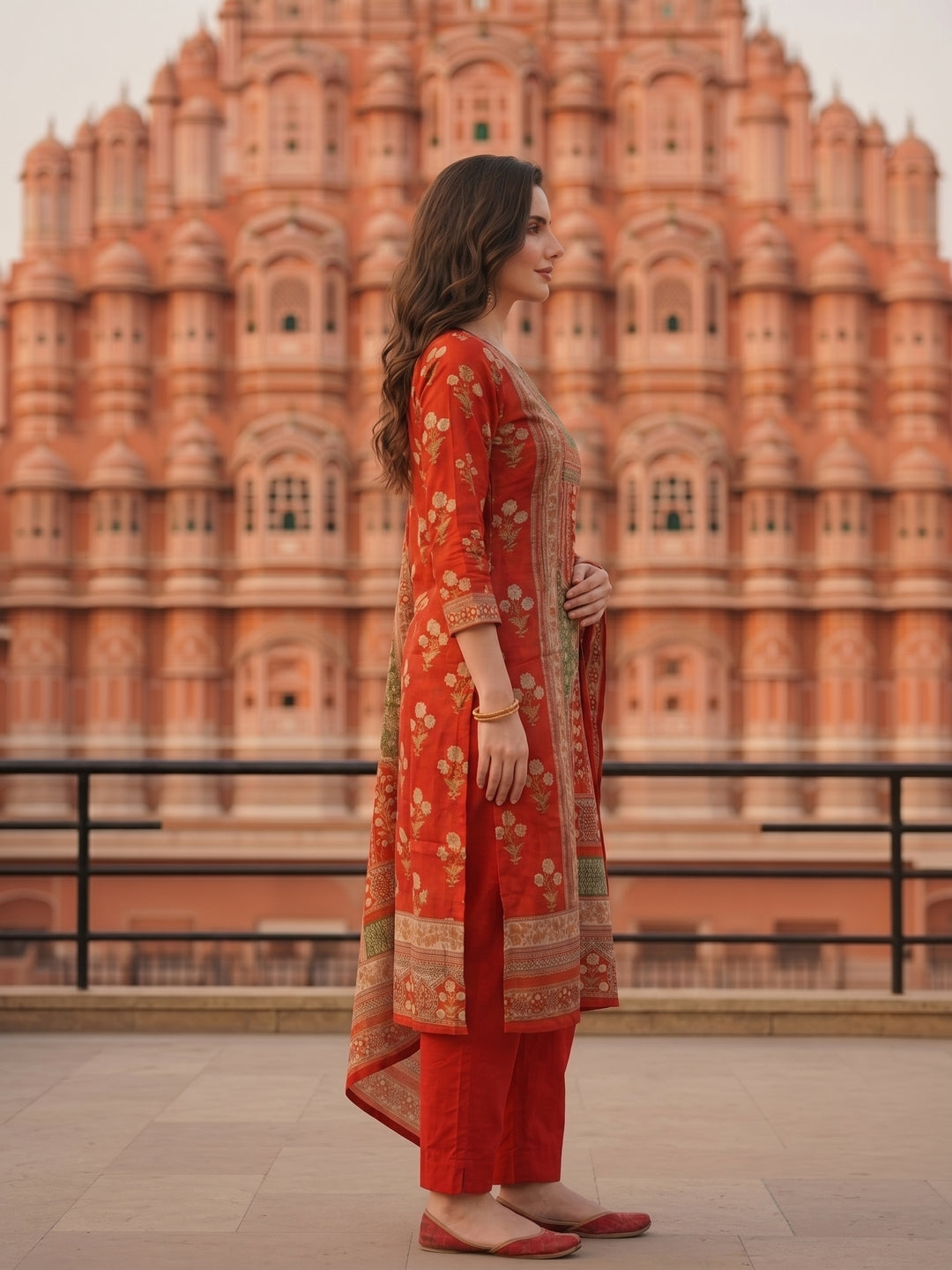 Ethnic Floral Printed Embroidered Straight Fit Kurta with Pant & Dupatta - Rust