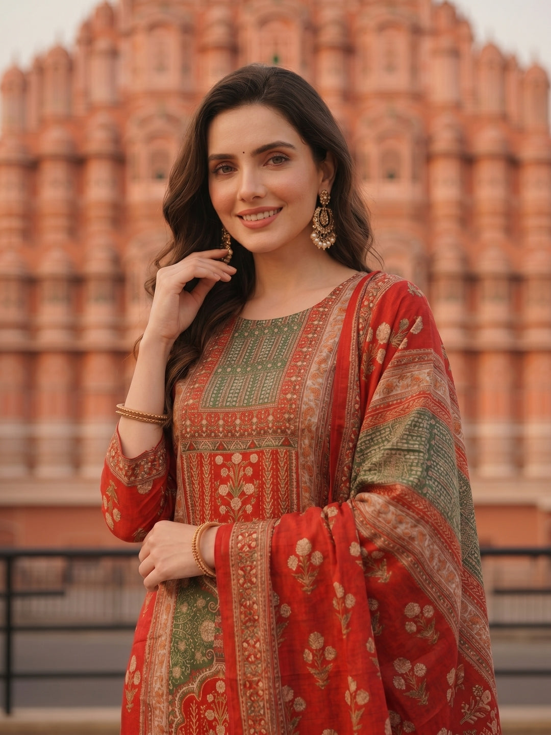 Ethnic Floral Printed Embroidered Straight Fit Kurta with Pant & Dupatta - Rust