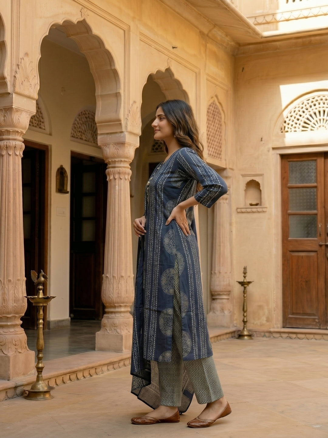 Ajrakh Printed Straight Fit Kurta with Pant and Pure Cotton Dupatta - Blue