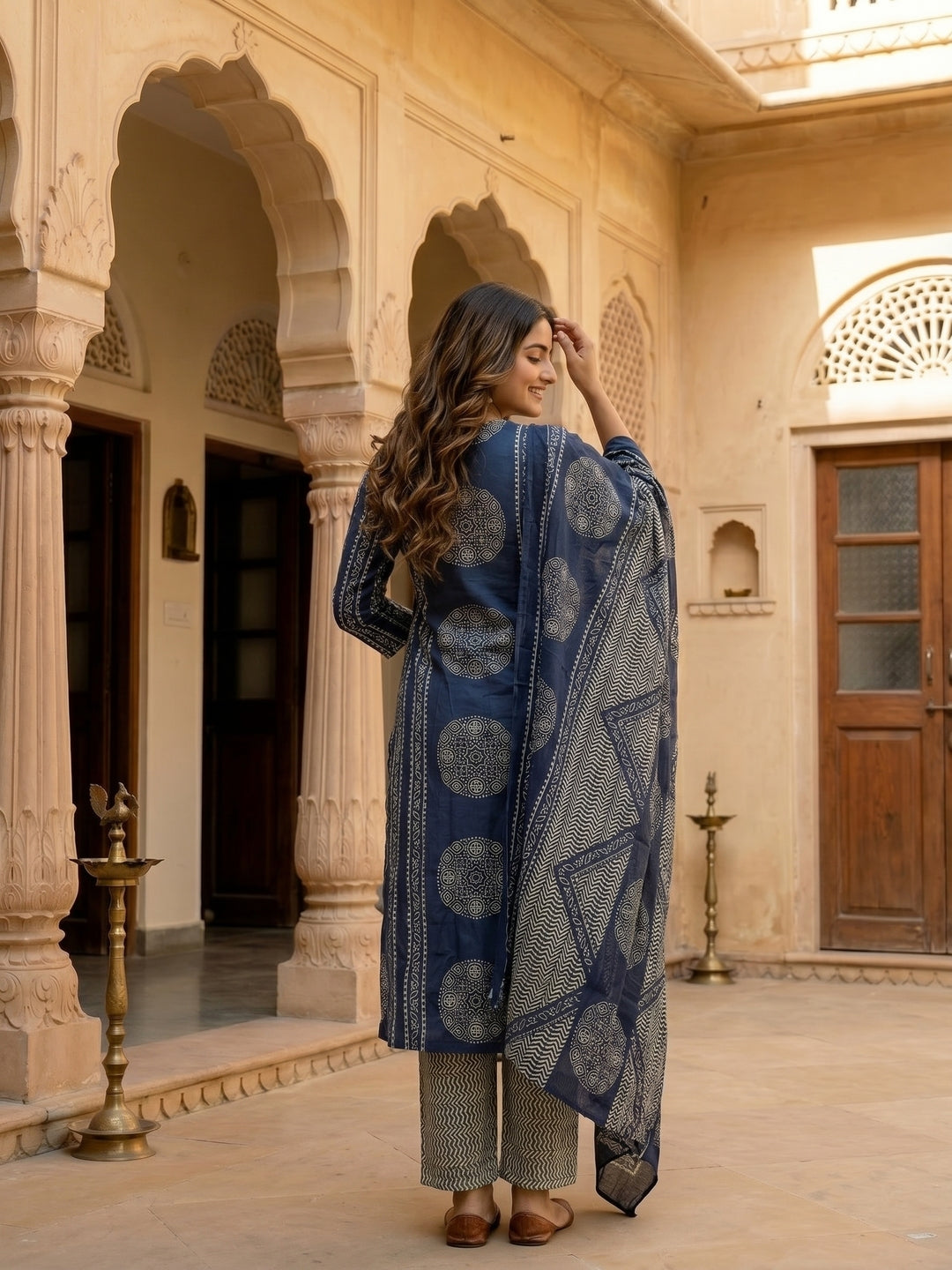 Ajrakh Printed Straight Fit Kurta with Pant and Pure Cotton Dupatta - Blue