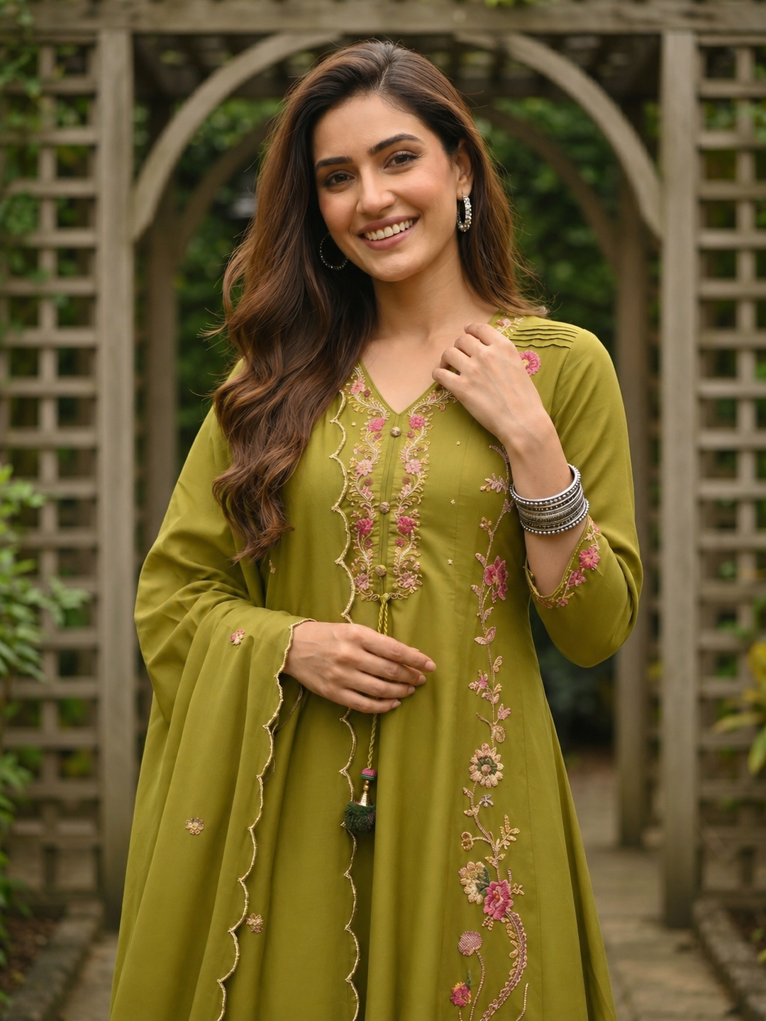 Solid Floral Embroidered Anarkali with Pant & Scalloped Dupatta - Green