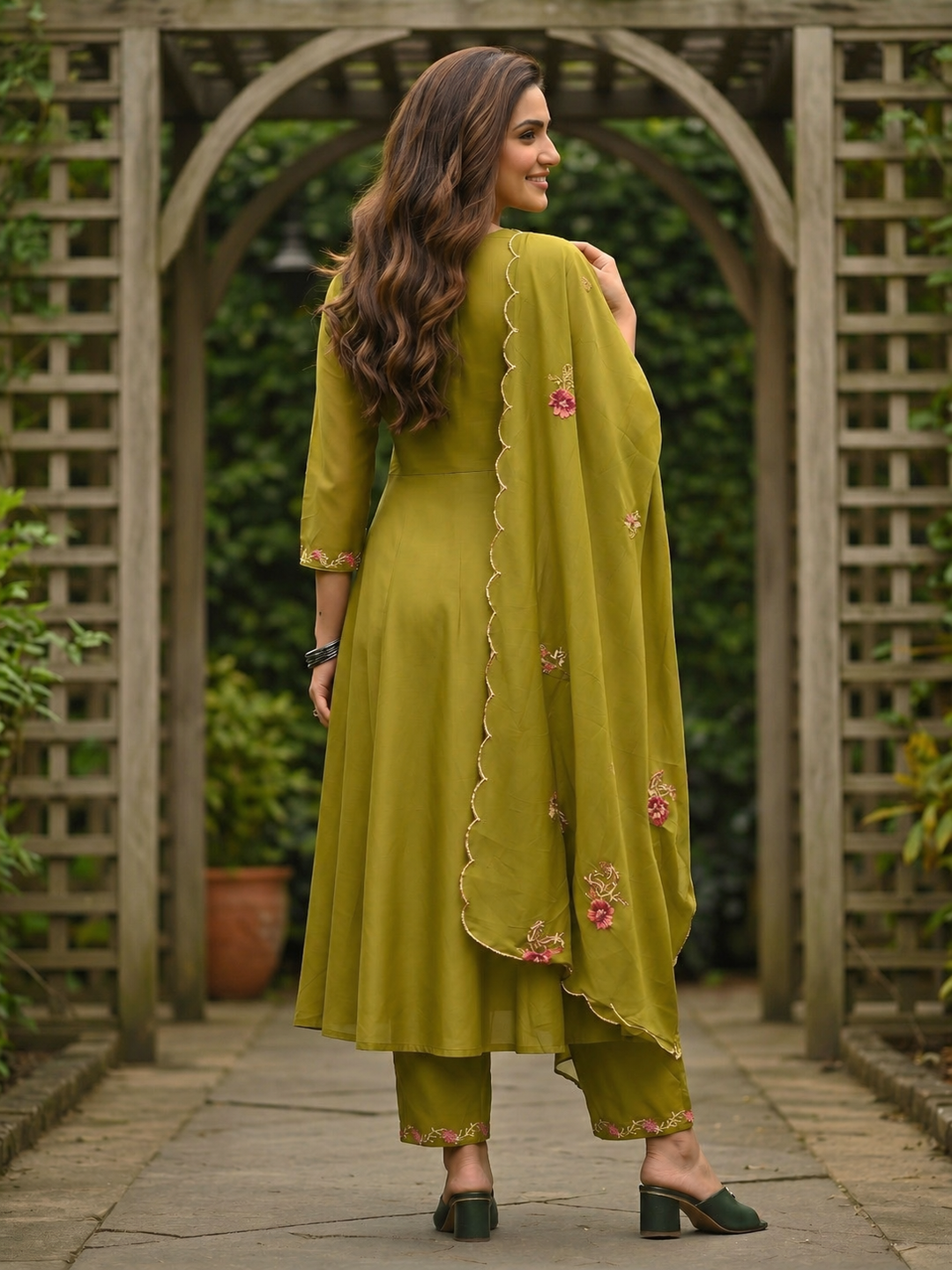 Solid Floral Embroidered Anarkali with Pant & Scalloped Dupatta - Green