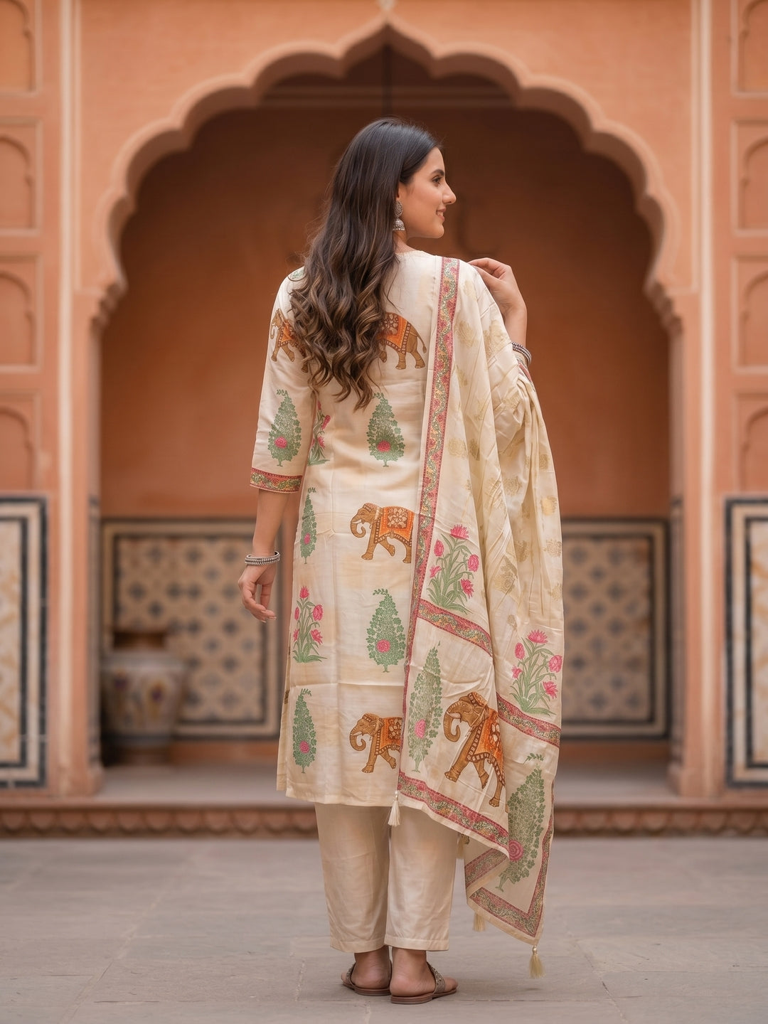 Flora Fauna Embroidered Straight Kurta with Pant & Dupatta - Cream