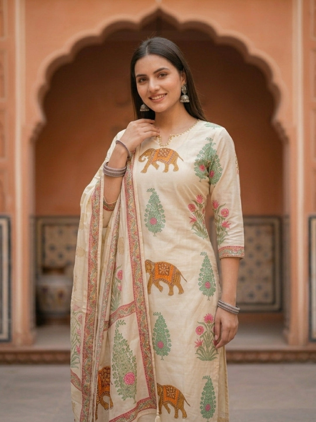 Flora Fauna Embroidered Straight Kurta with Pant & Dupatta - Cream