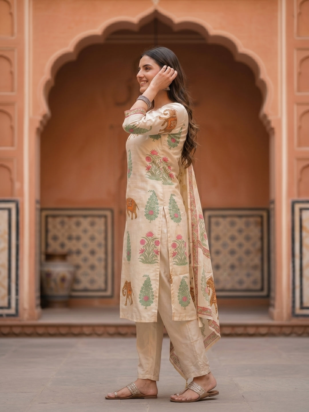 Flora Fauna Embroidered Straight Kurta with Pant & Dupatta - Cream