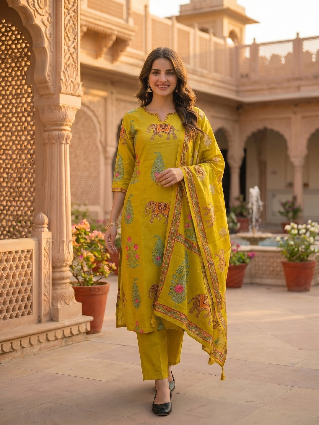 Ethnic Floral Printed & Embroidered Straight Kurta with Pant & Dupatta - Yellow