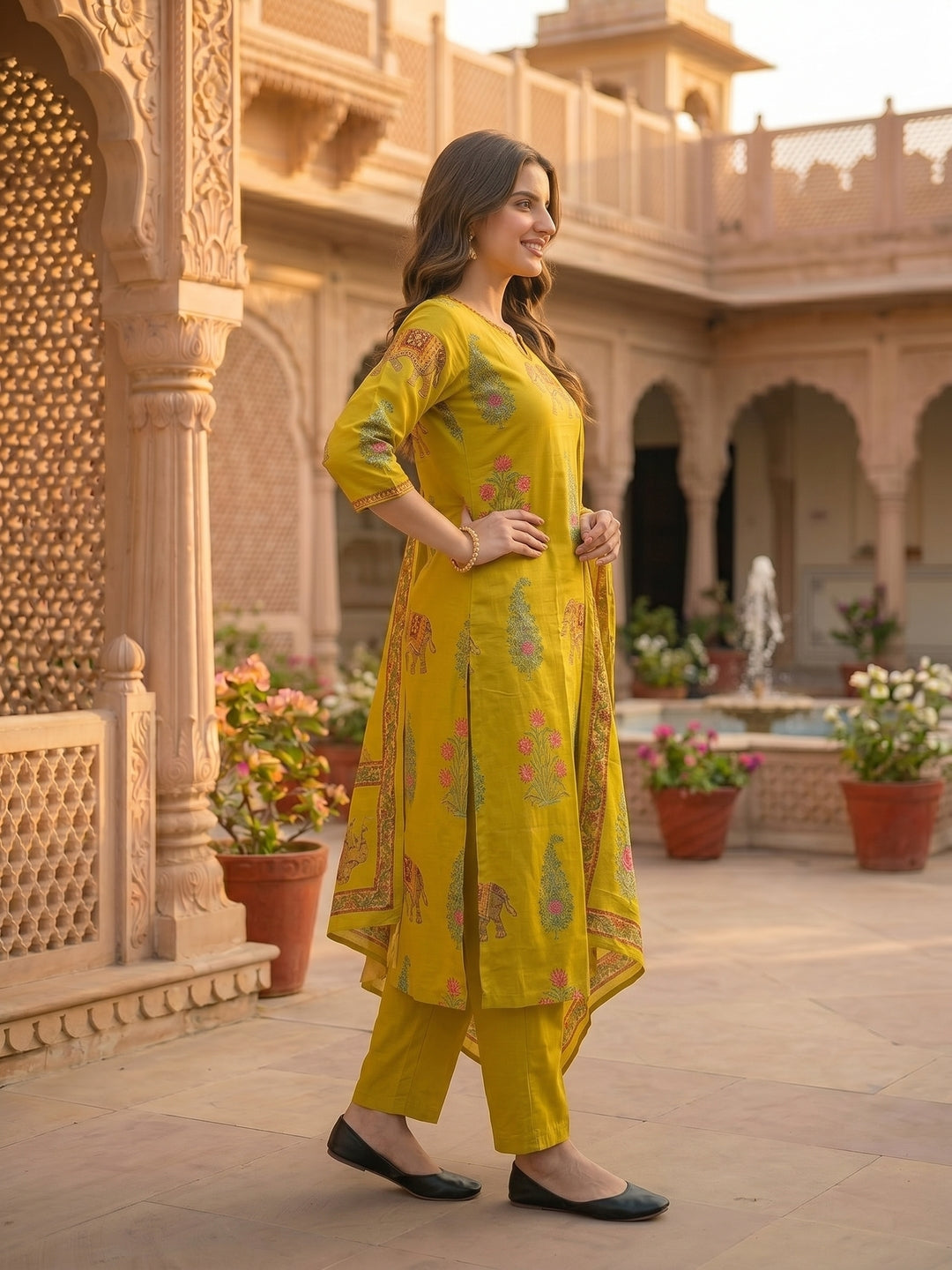 Ethnic Floral Printed & Embroidered Straight Kurta with Pant & Dupatta - Yellow