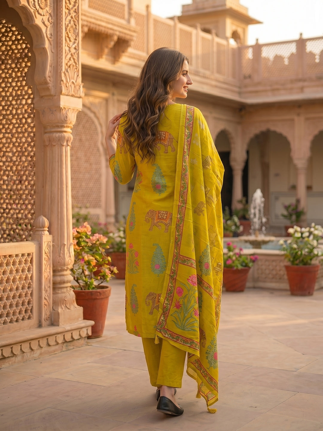 Ethnic Floral Printed & Embroidered Straight Kurta with Pant & Dupatta - Yellow