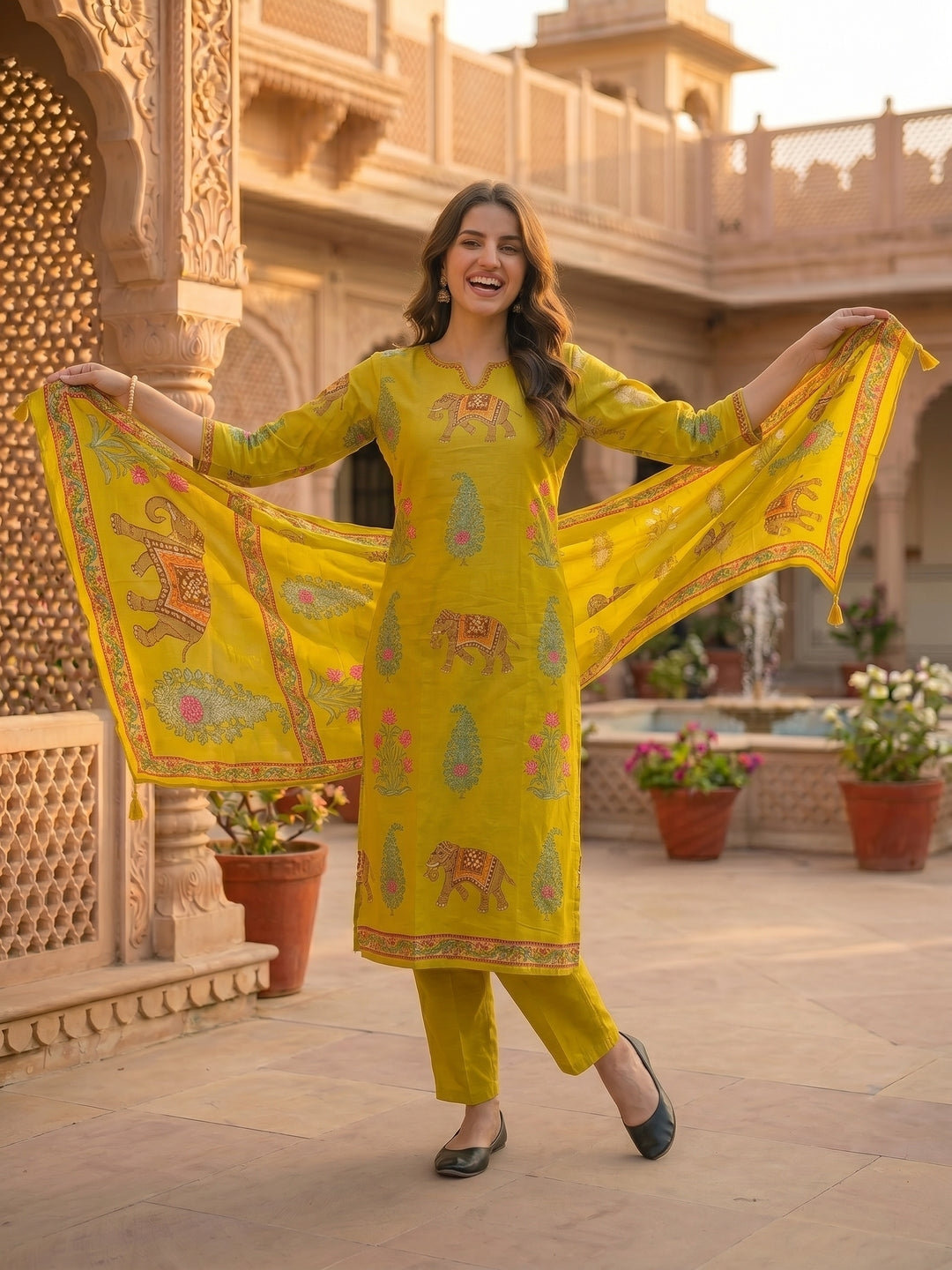 Ethnic Floral Printed & Embroidered Straight Kurta with Pant & Dupatta - Yellow