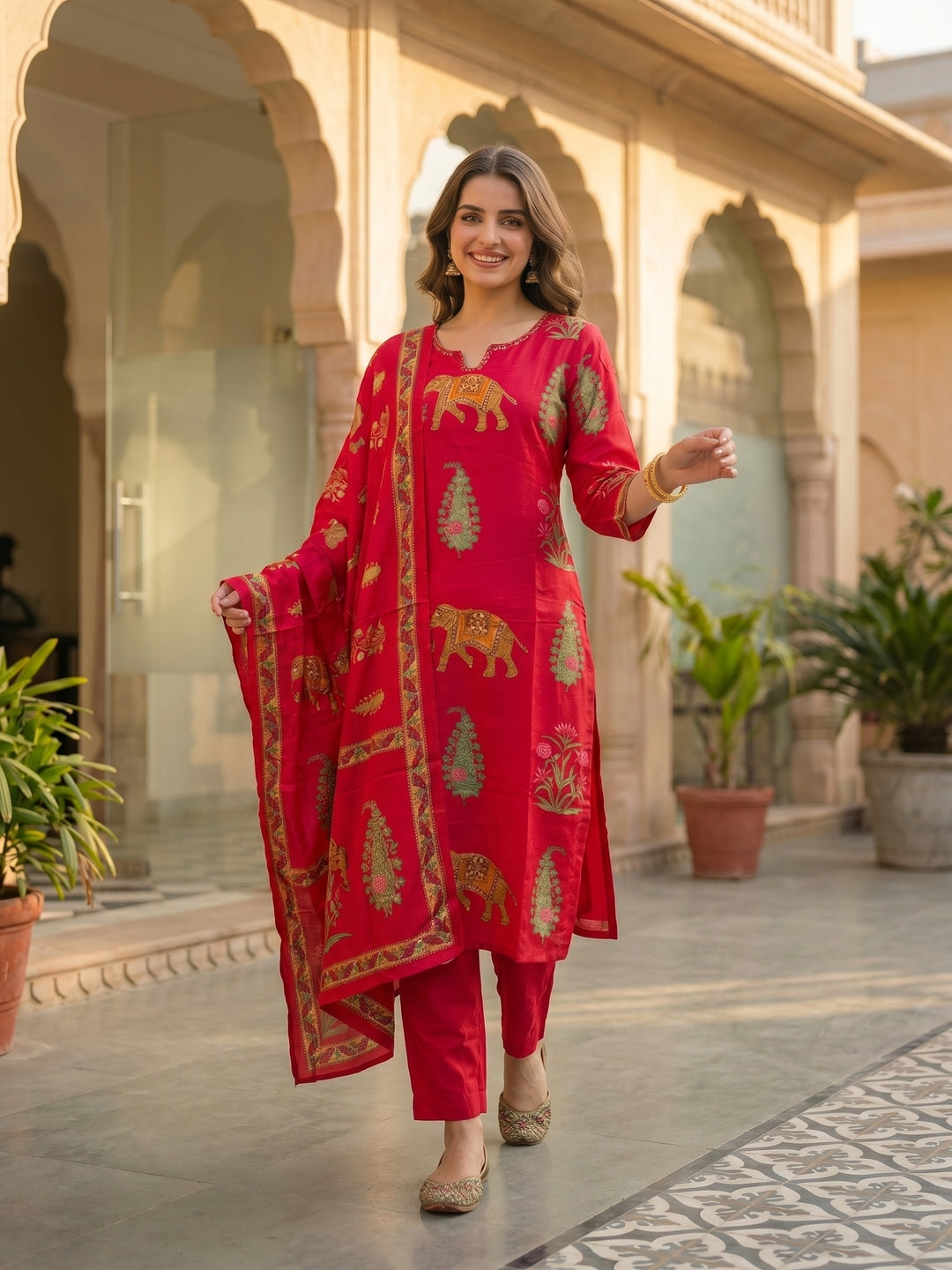 Rani Pink Ethnic Printed Kurta Set with Straight Pant & Dupatta