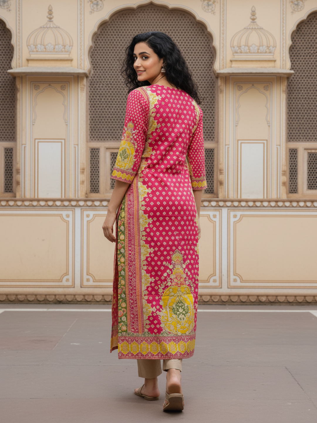 Ethnic Printed Mirror Work & Sequin Straight Kurta - Pink