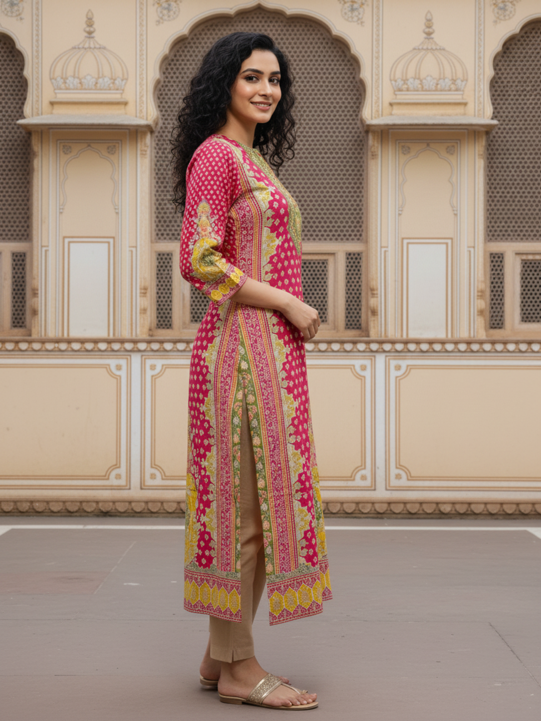 Ethnic Printed Mirror Work & Sequin Straight Kurta - Pink