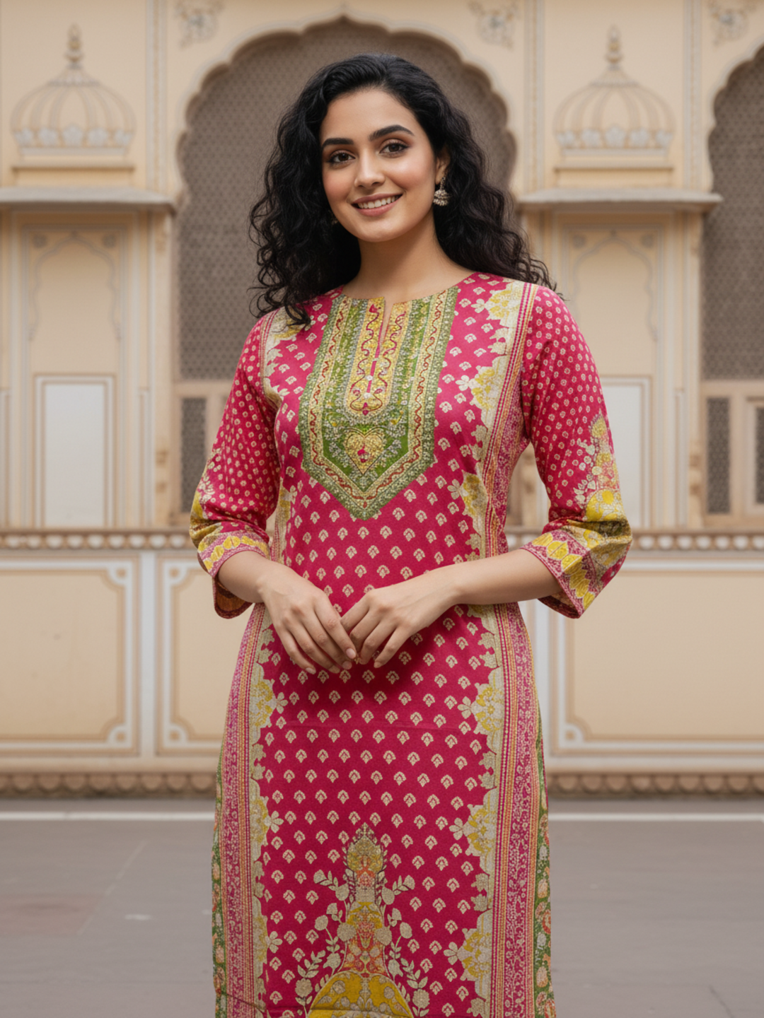 Ethnic Printed Mirror Work & Sequin Straight Kurta - Pink
