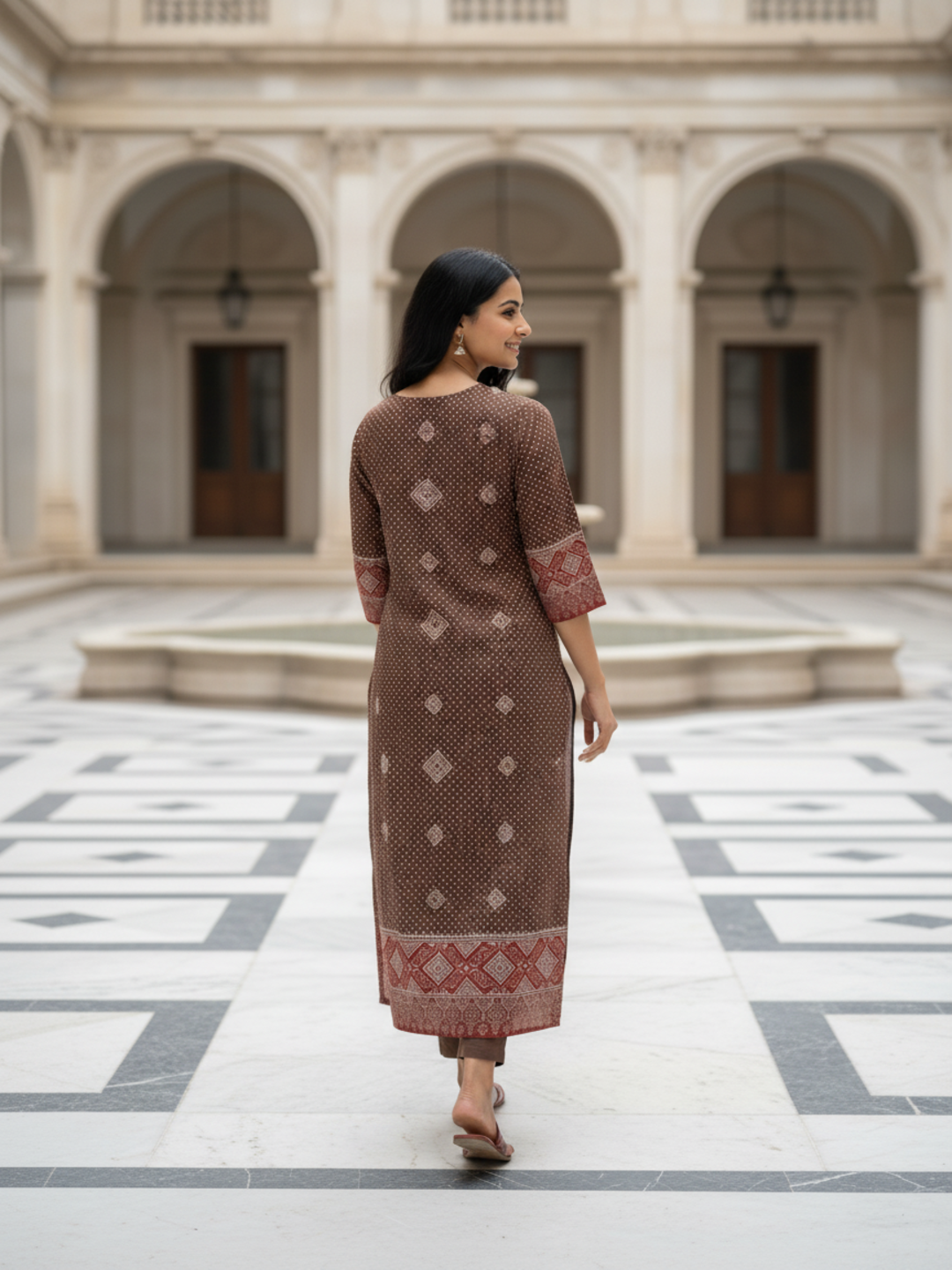 Ajrakh Ethnic Printed Mirror Work & Sequin Straight Kurta - Brown