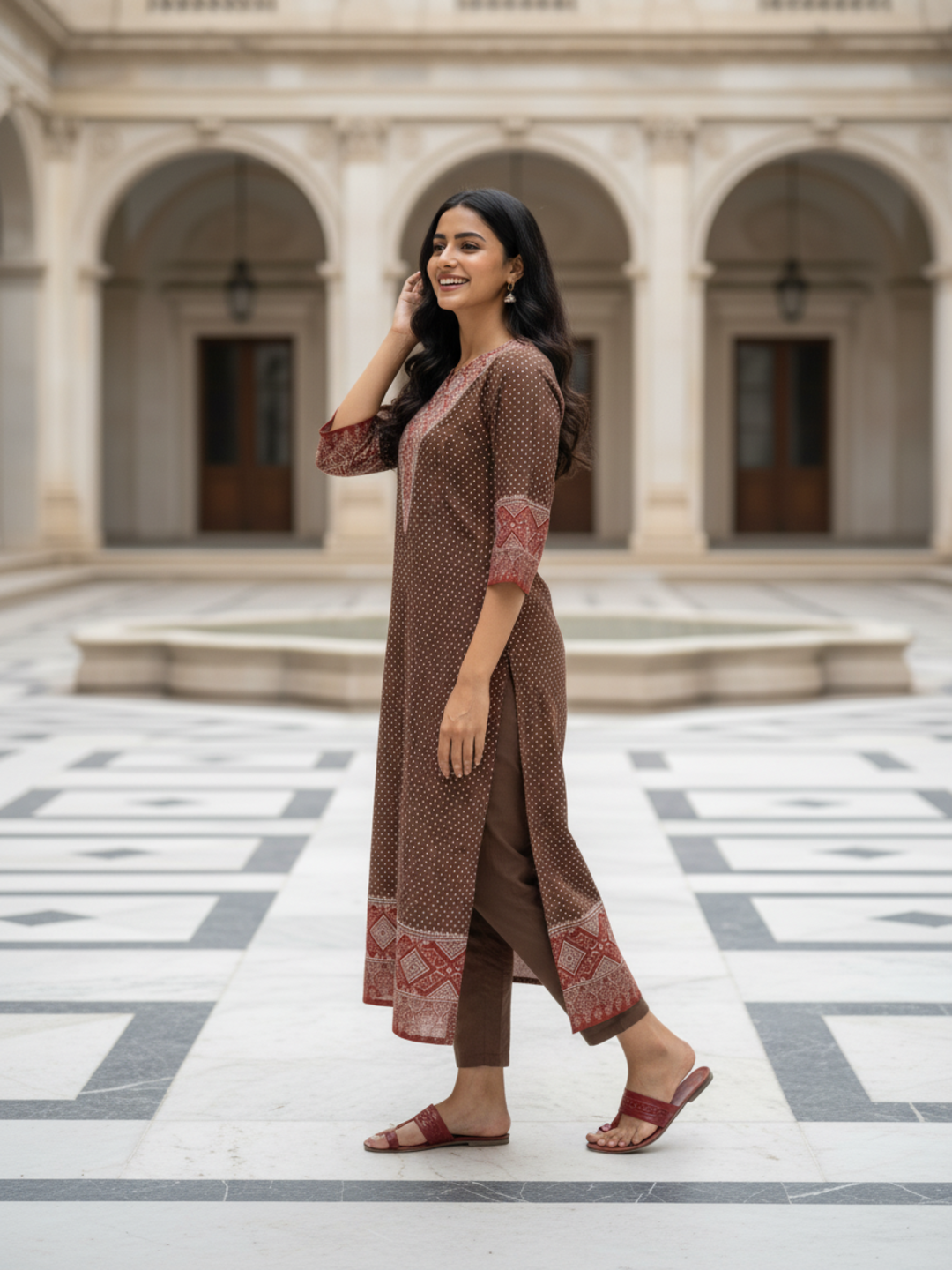 Ajrakh Ethnic Printed Mirror Work & Sequin Straight Kurta - Brown