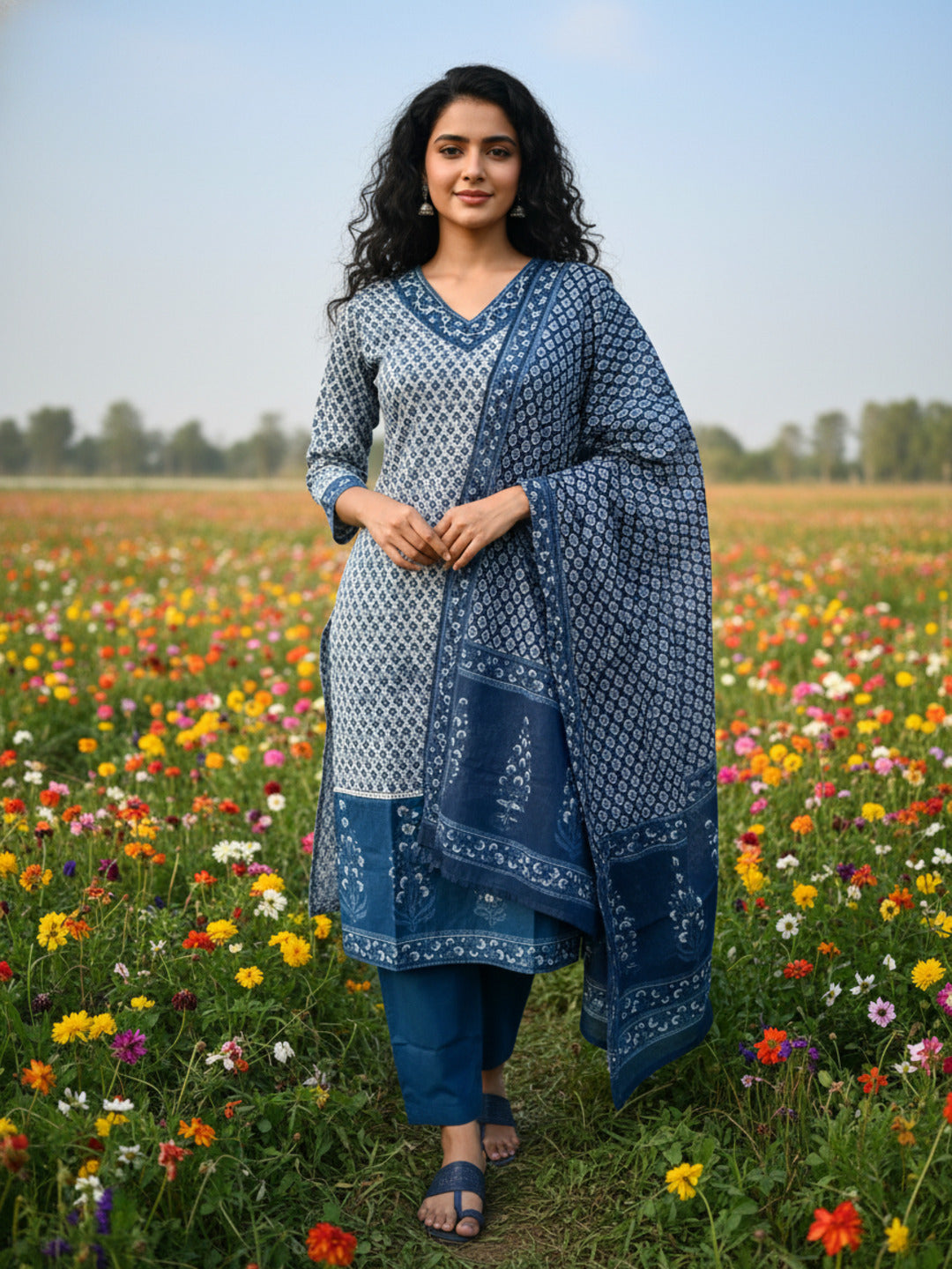 Ethnic Bootie Print Straight Kurta with Pant & Dupatta - Indigo Blue