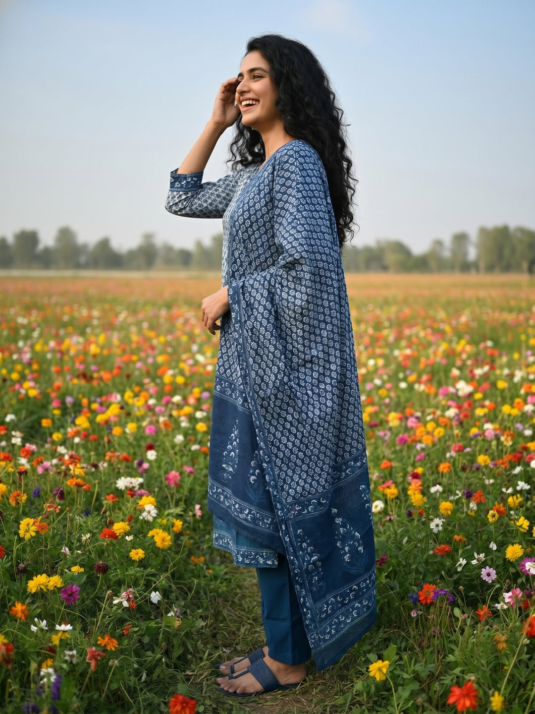 Ethnic Bootie Print Straight Kurta with Pant & Dupatta - Indigo Blue