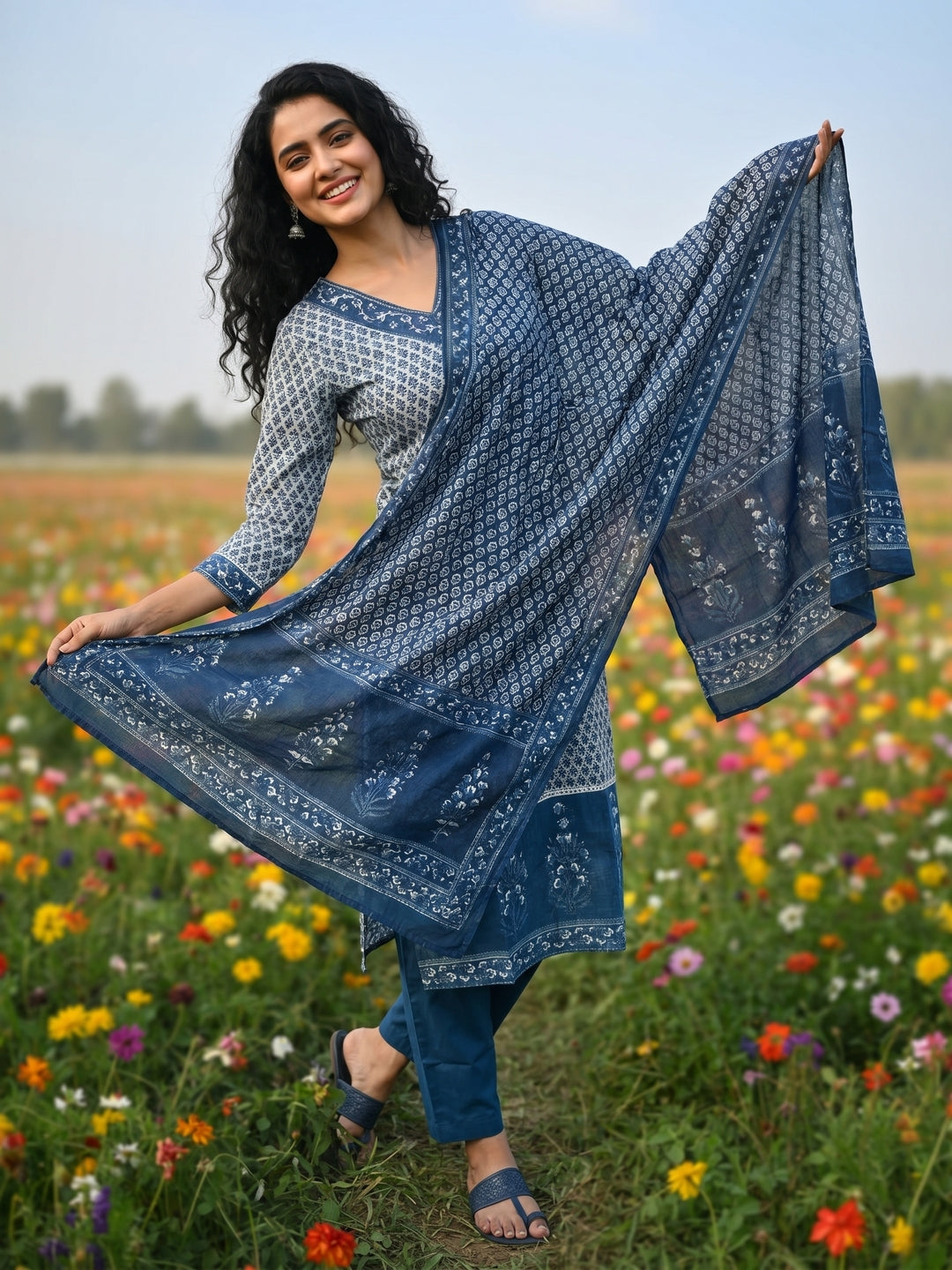 Ethnic Bootie Print Straight Kurta with Pant & Dupatta - Indigo Blue