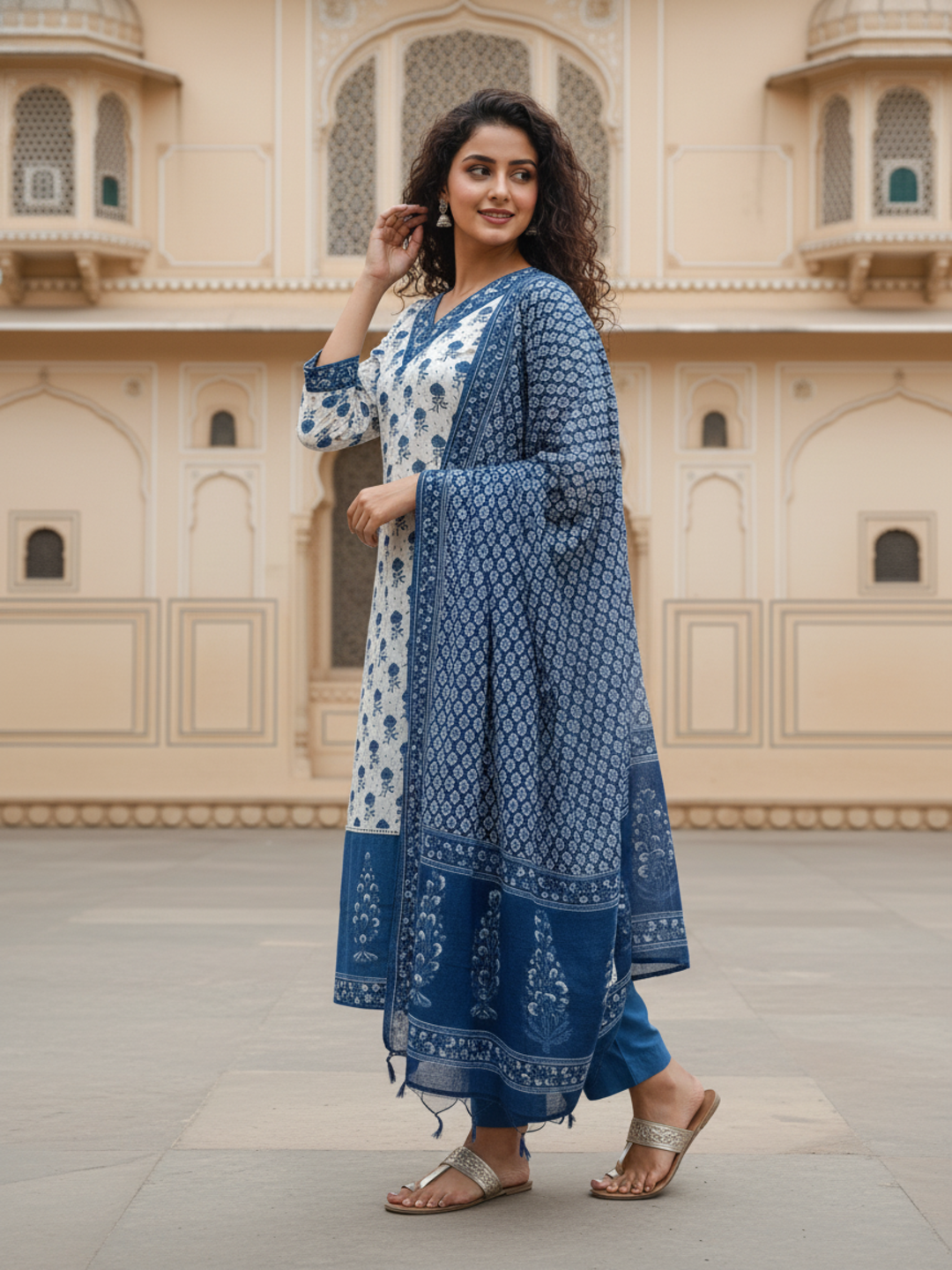 Bootie Print Straight Kurta with Pant & Printed Voile Dupatta - Off White & Blue