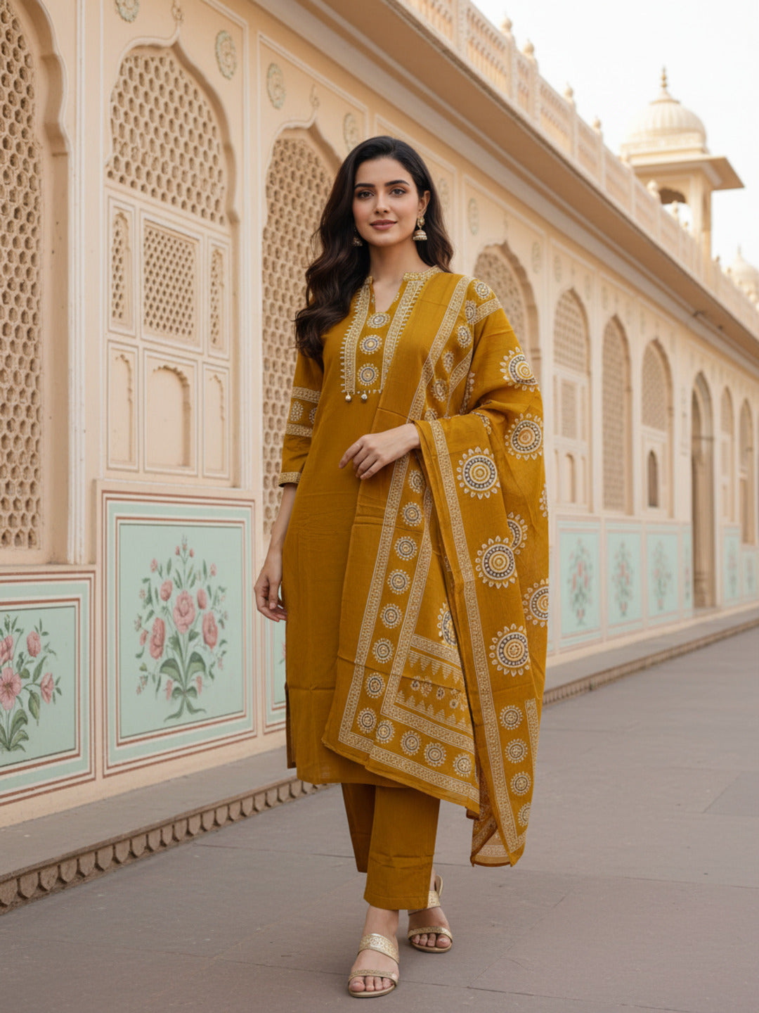 Solid Cotton Straight Kurta with Pyjama & Printed Voile Dupatta - Mustard