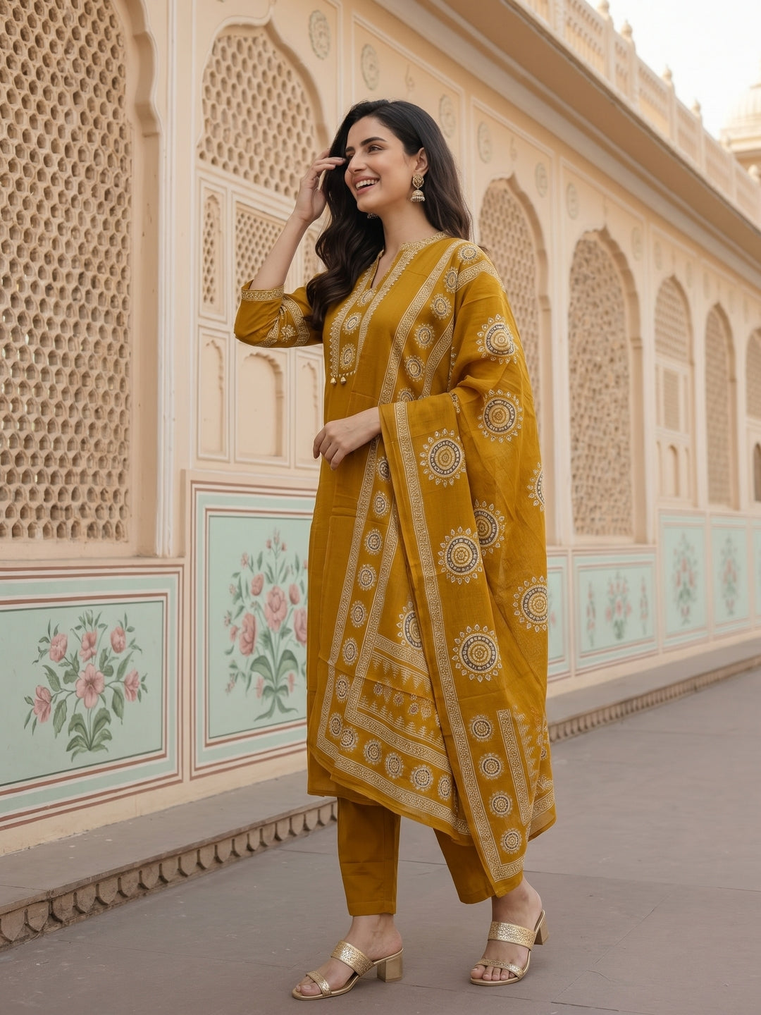 Solid Cotton Straight Kurta with Pyjama & Printed Voile Dupatta - Mustard