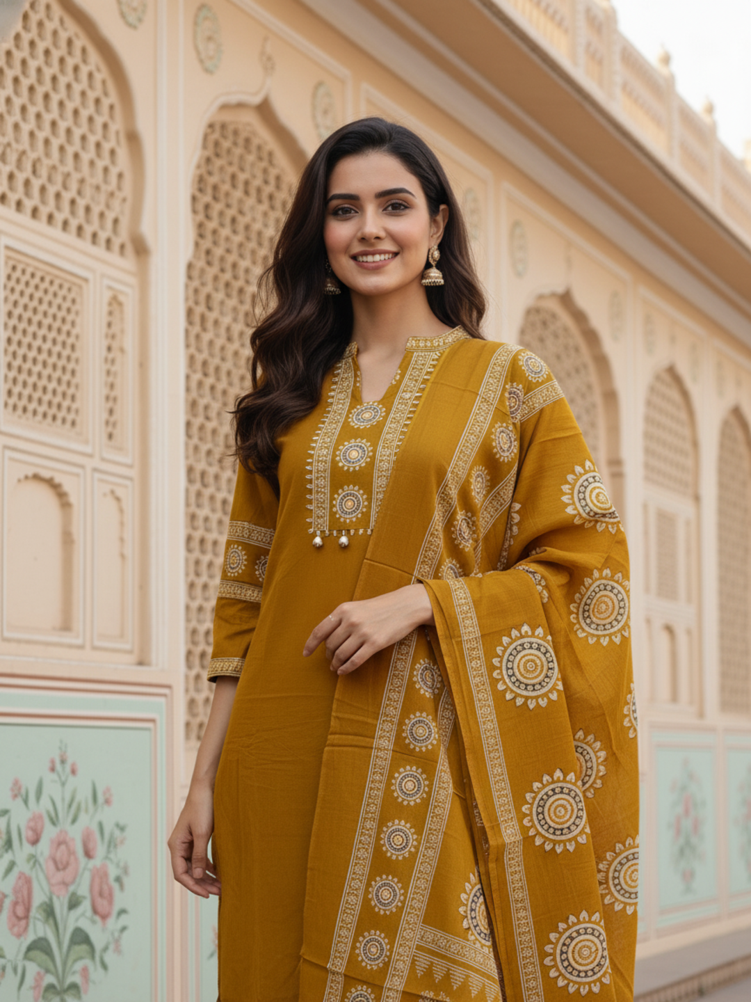Solid Cotton Straight Kurta with Pyjama & Printed Voile Dupatta - Mustard