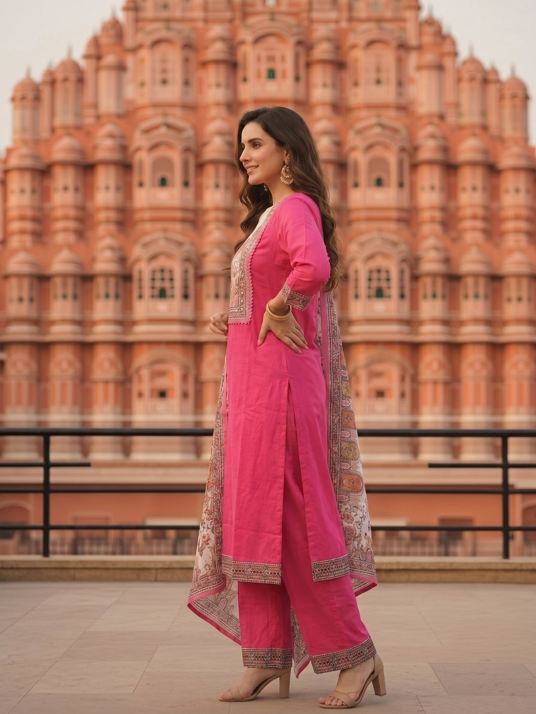Solid Mirror Work & Sequin Straight Kurta with Palazzo & Dupatta - Pink