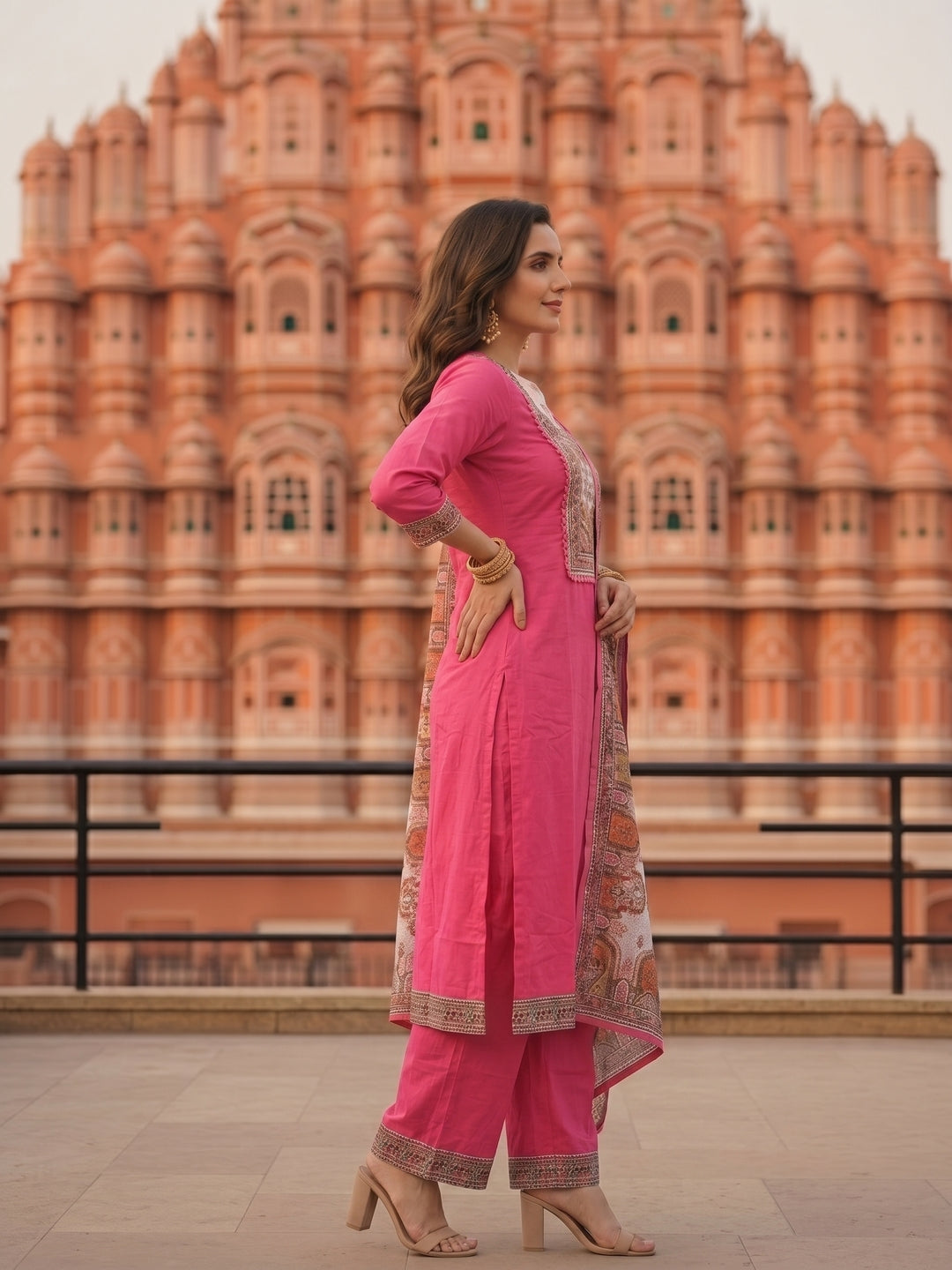 Solid Mirror Work & Sequin Straight Kurta with Palazzo & Dupatta - Pink
