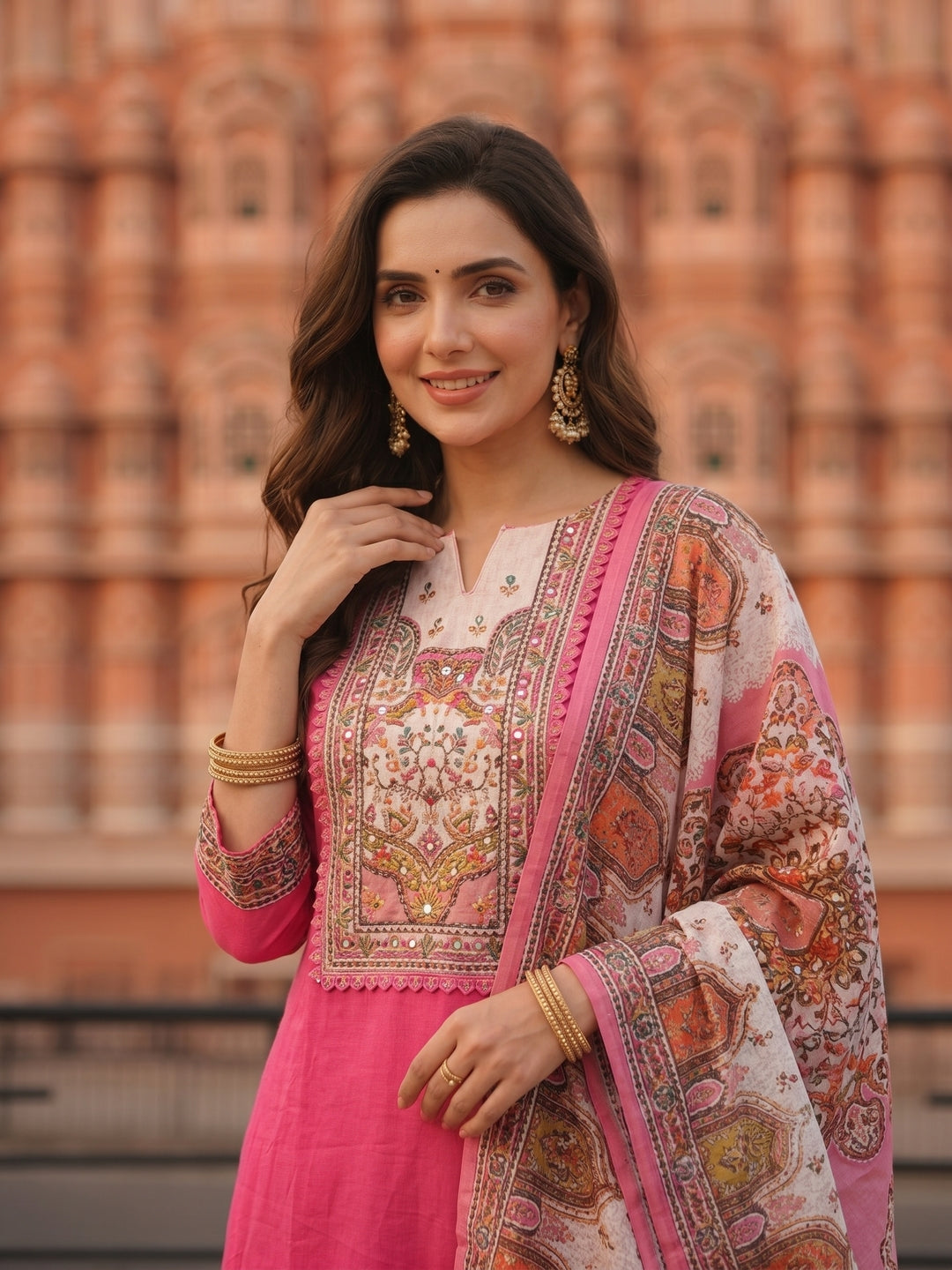 Solid Mirror Work & Sequin Straight Kurta with Palazzo & Dupatta - Pink